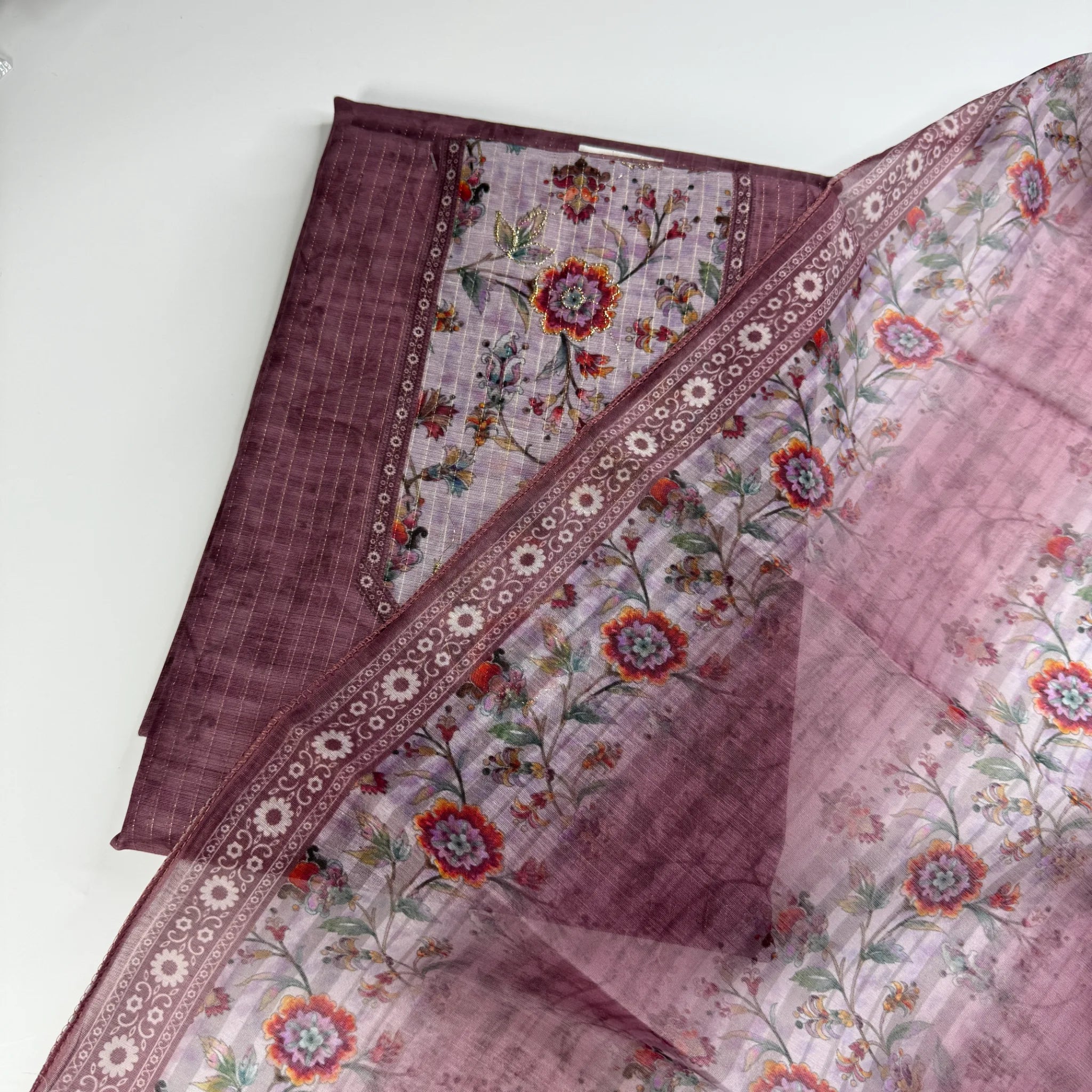 Plum Blossom – Unstitched Suit Set with Woven Stripes and Floral Panel | S0-003