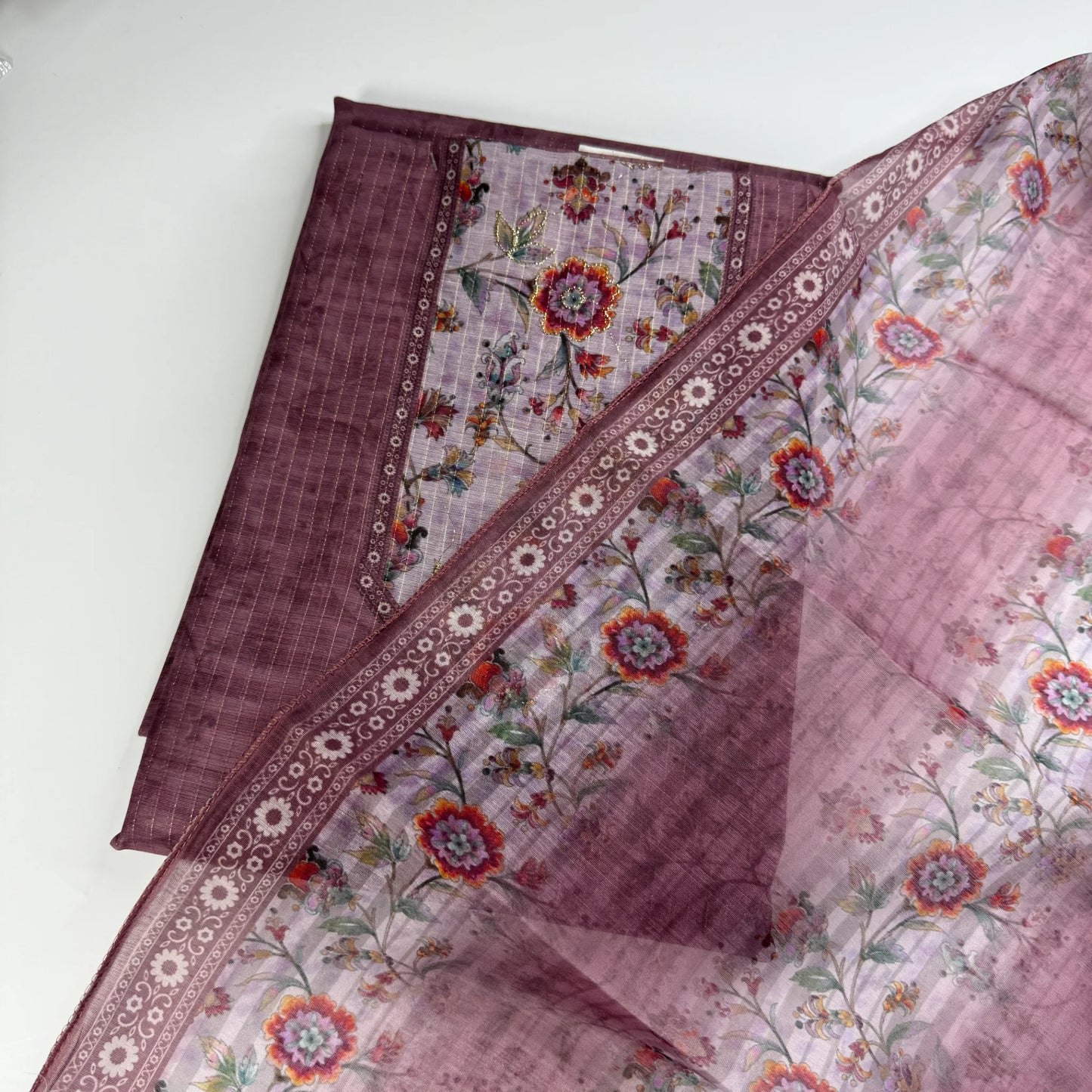 Plum Blossom – Unstitched Suit Set with Woven Stripes and Floral Panel | S0-003