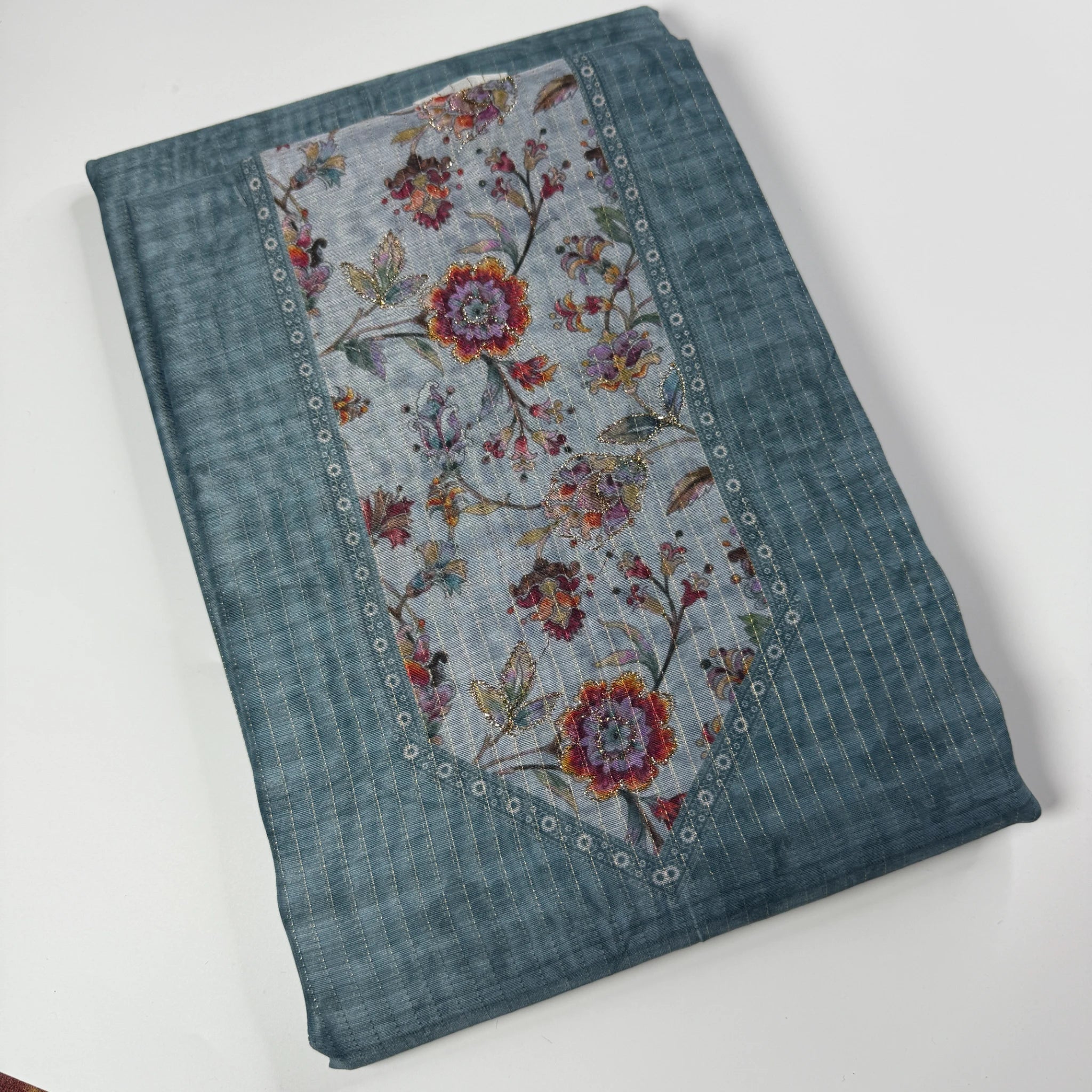 Slate Blue Digital Print Unstitched Suit Set | S0-004