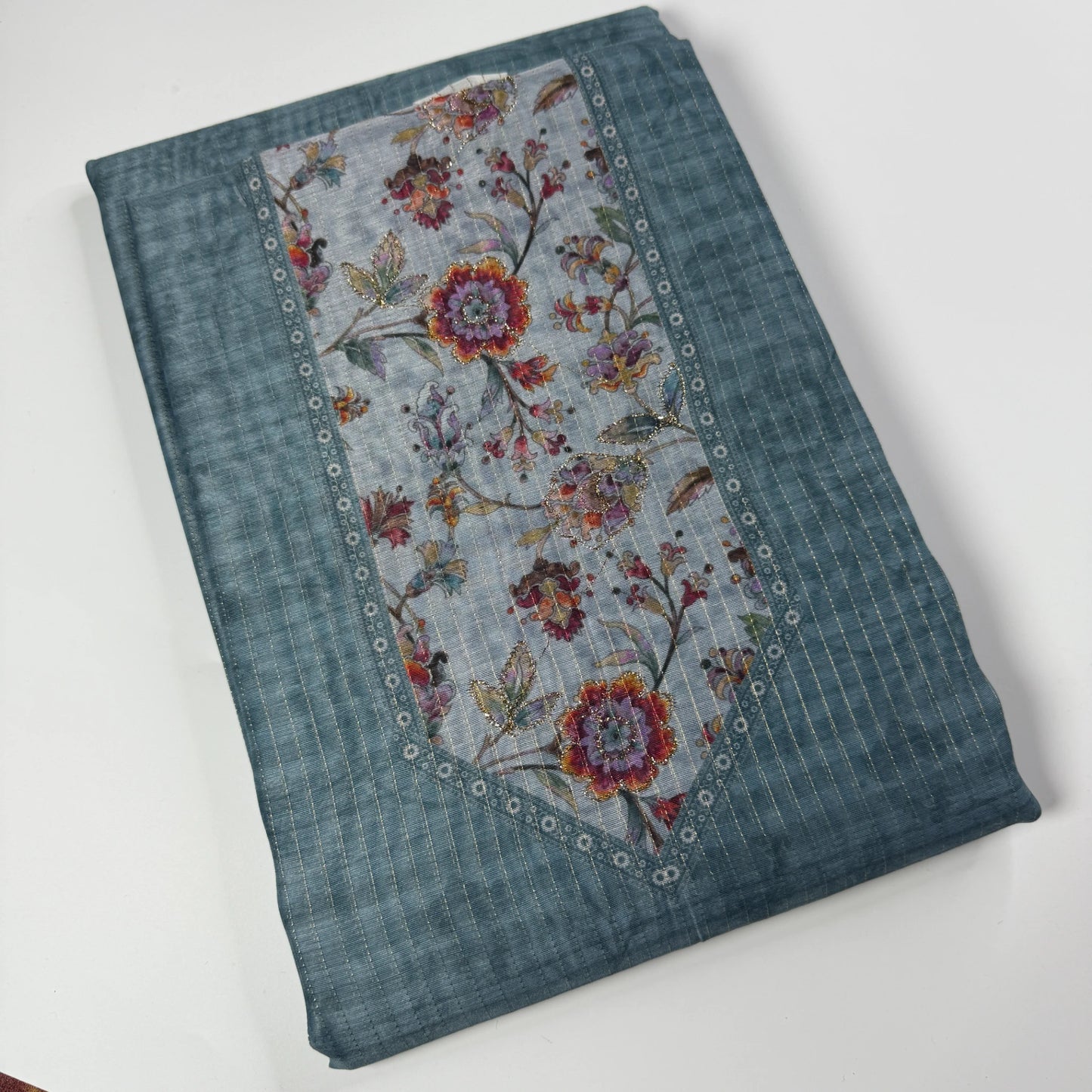 Slate Blue Digital Print Unstitched Suit Set | S0-004