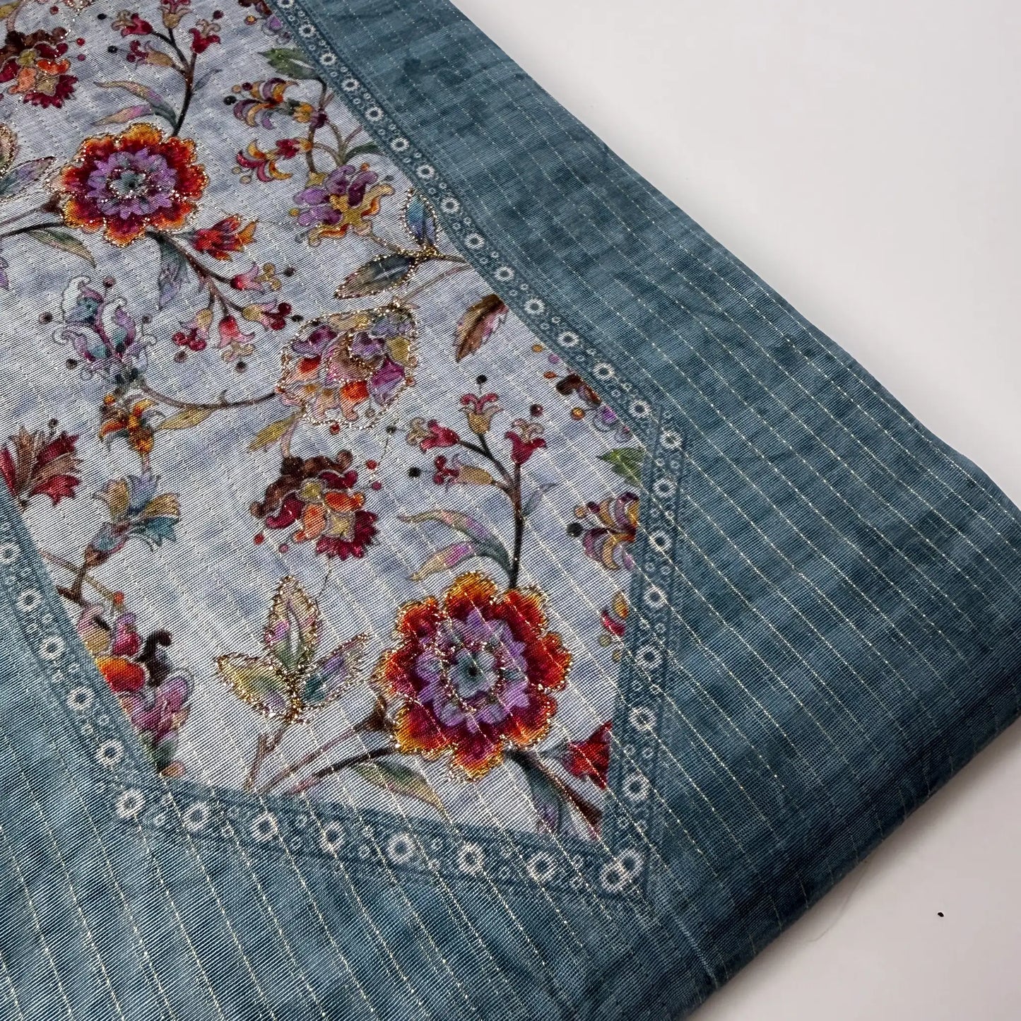 Slate Blue Digital Print Unstitched Suit Set | S0-004