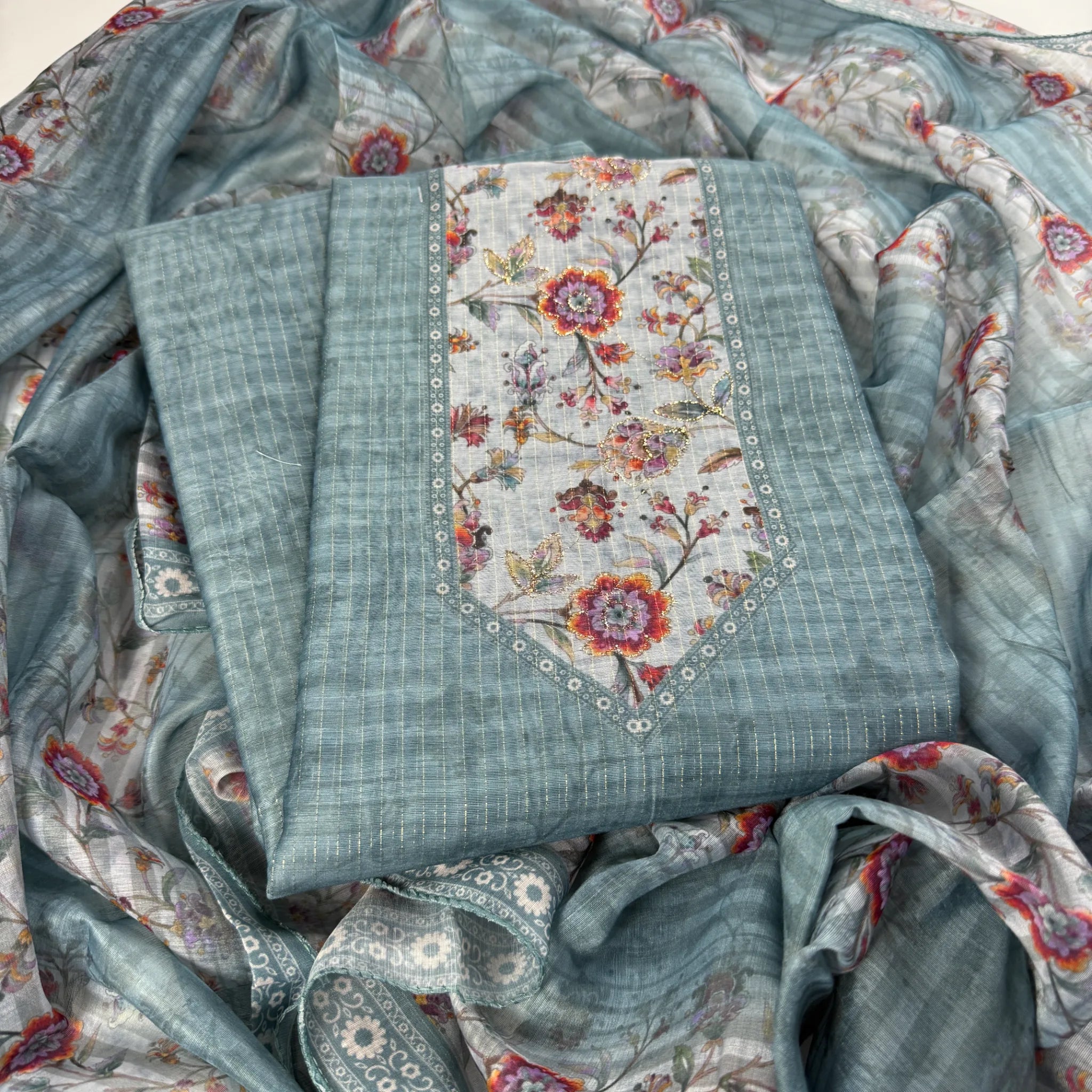 Slate Blue Digital Print Unstitched Suit Set | S0-004