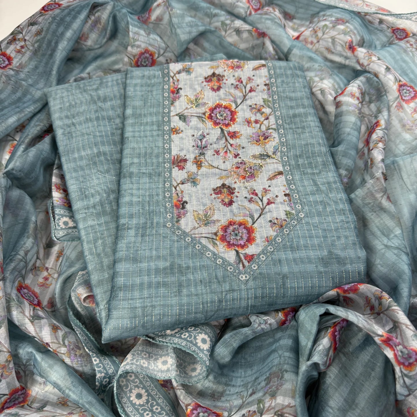 Slate Blue Digital Print Unstitched Suit Set | S0-004