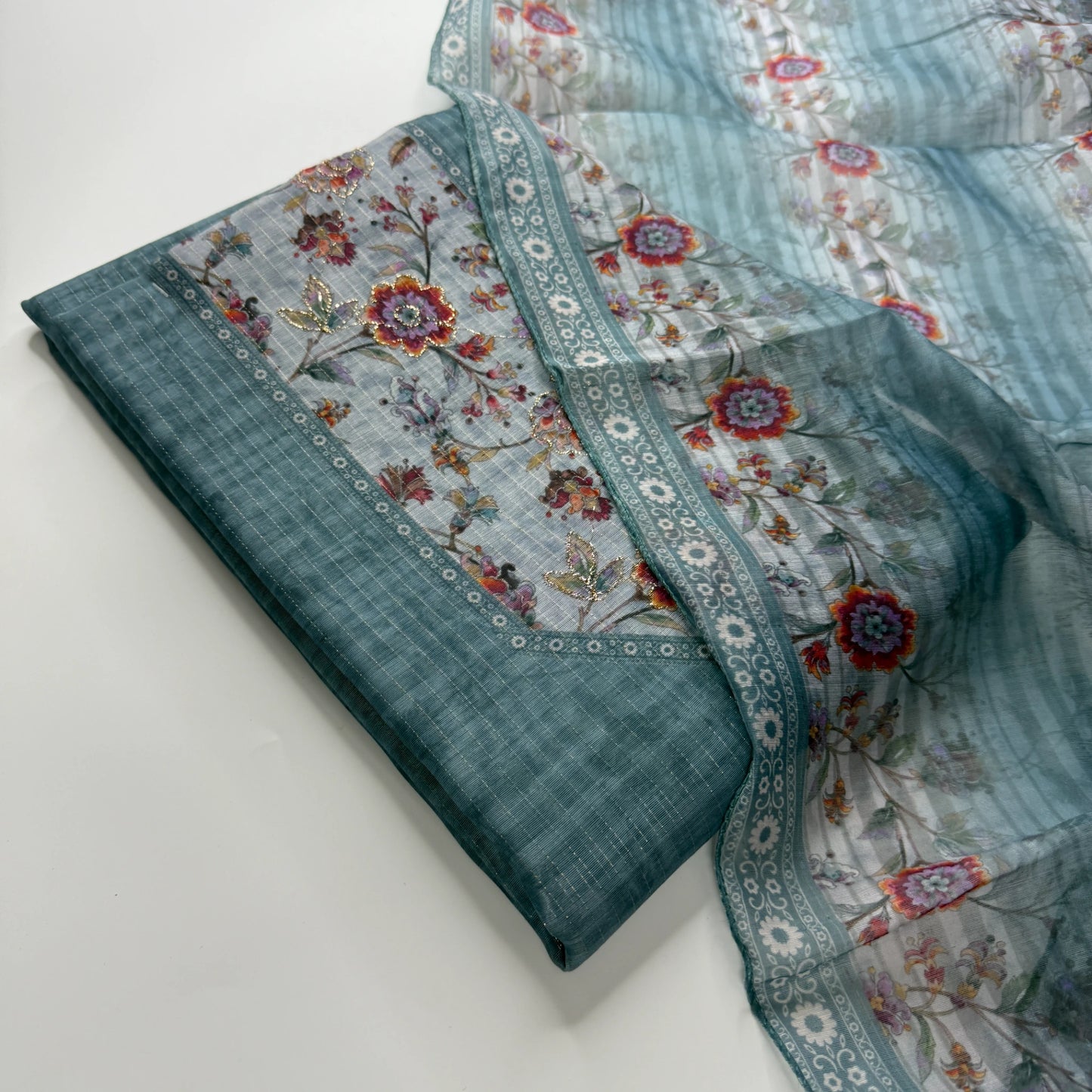 Slate Blue Digital Print Unstitched Suit Set | S0-004