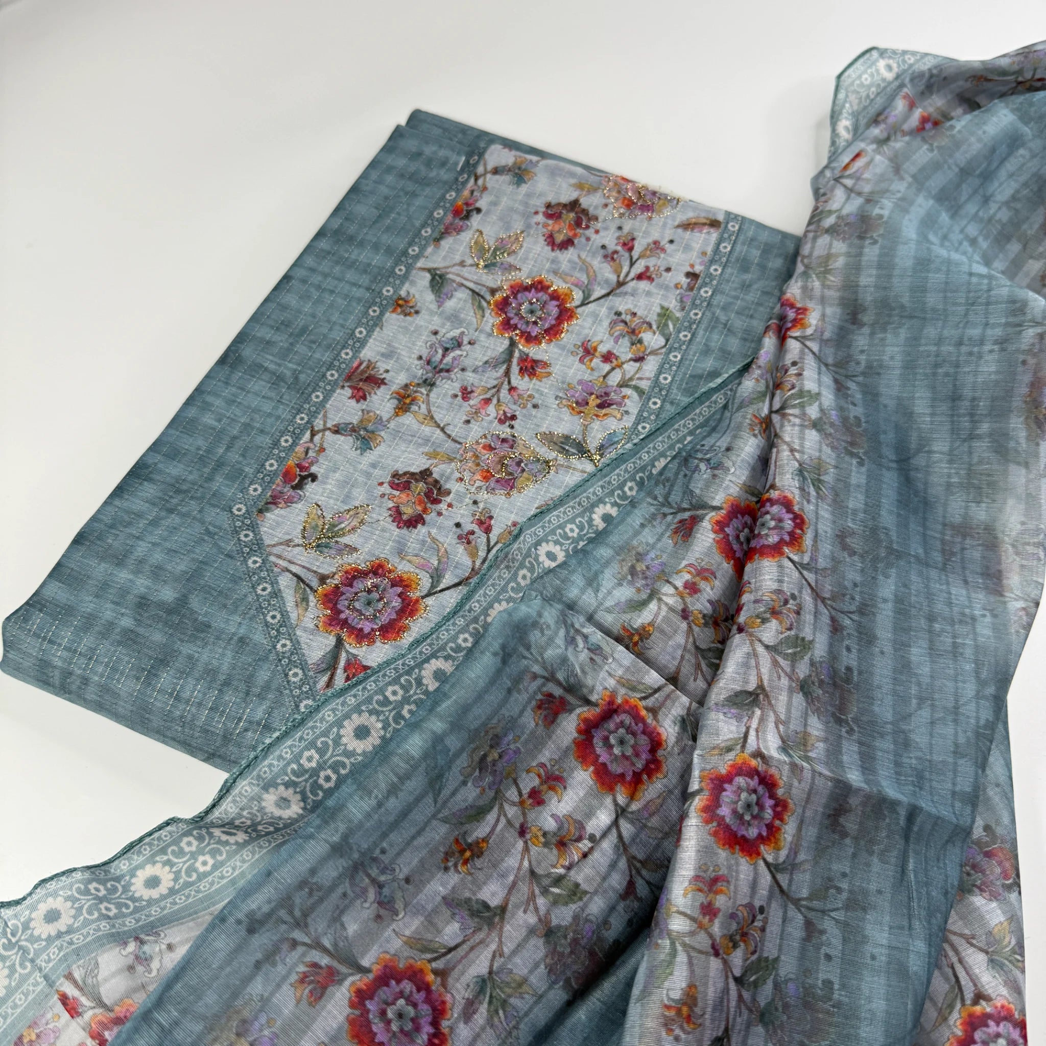 Slate Blue Digital Print Unstitched Suit Set | S0-004