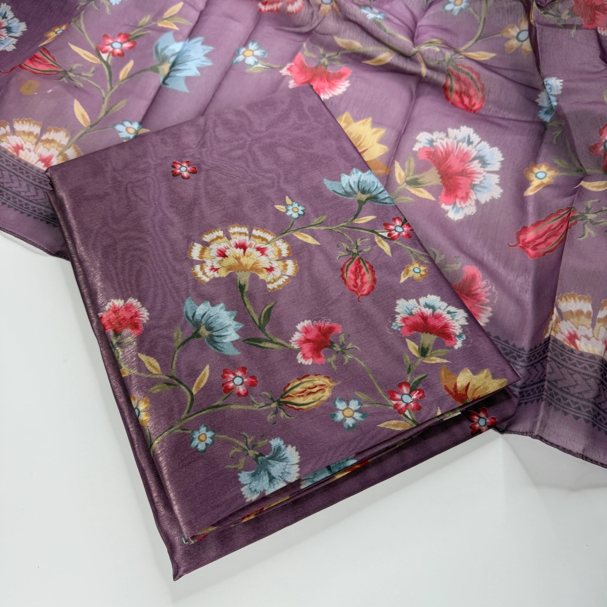 Plum Blossom – Unstitched Suit Set with Digital Floral Print | Q0-008