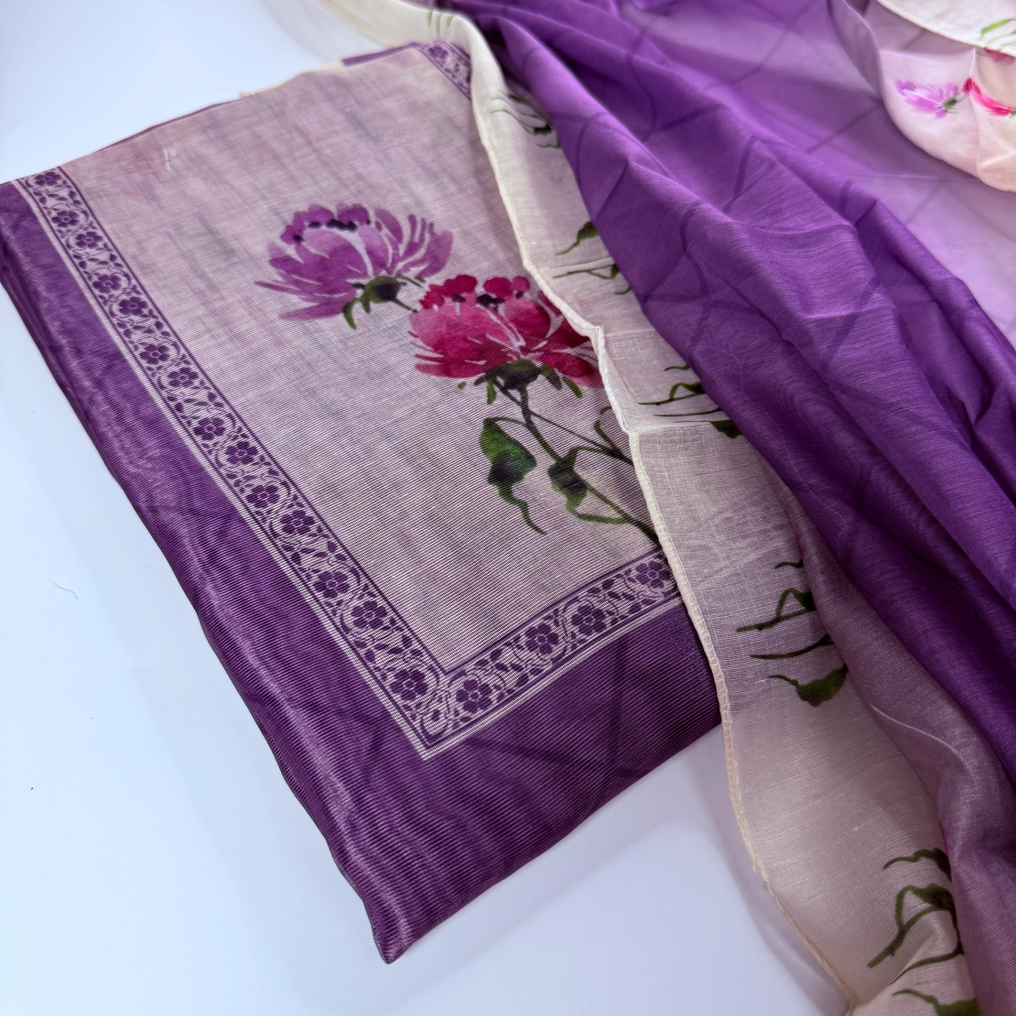 Exquisite Dusty Plum Unstitched Suit Set with Vibrant Floral Print -R0-003