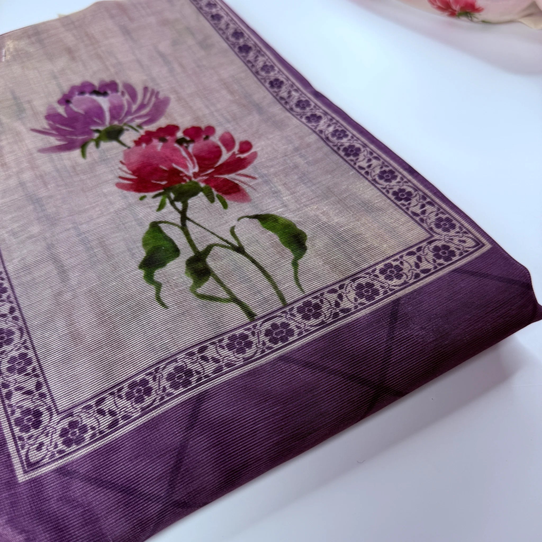 Exquisite Dusty Plum Unstitched Suit Set with Vibrant Floral Print -R0-003