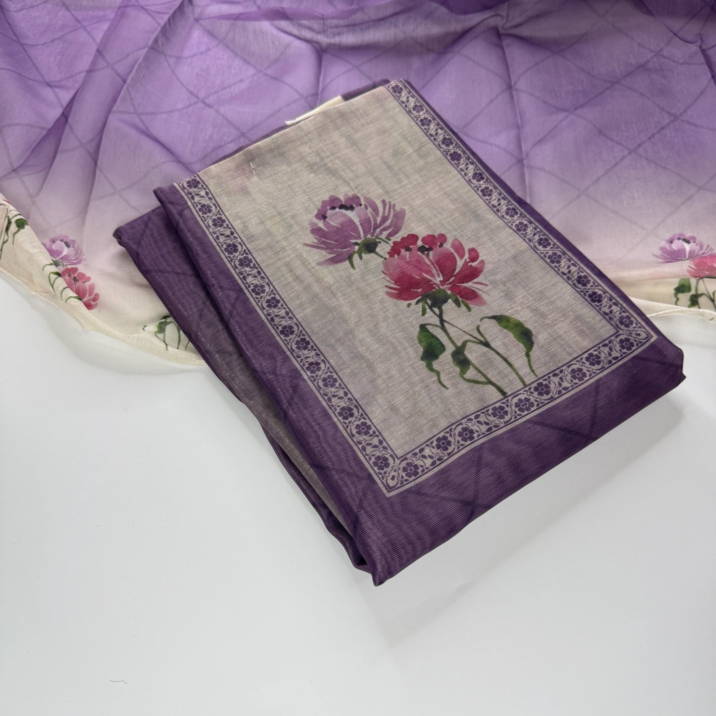 Exquisite Dusty Plum Unstitched Suit Set with Vibrant Floral Print -R0-003