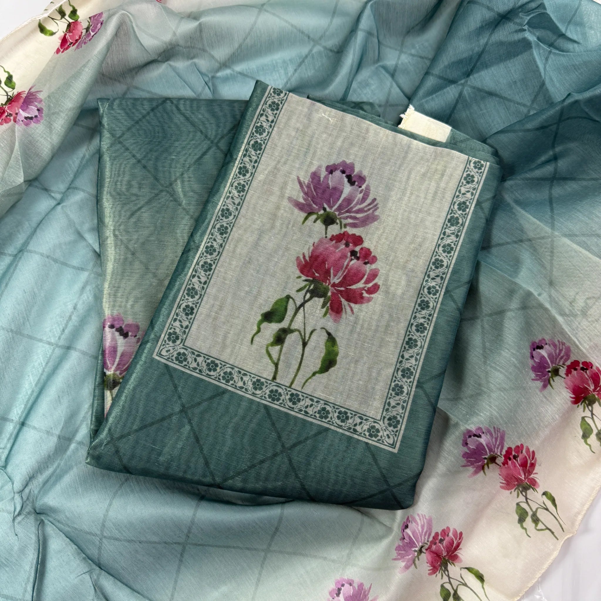 Unstitched Elegant Teal Floral Suit Set -R0-004