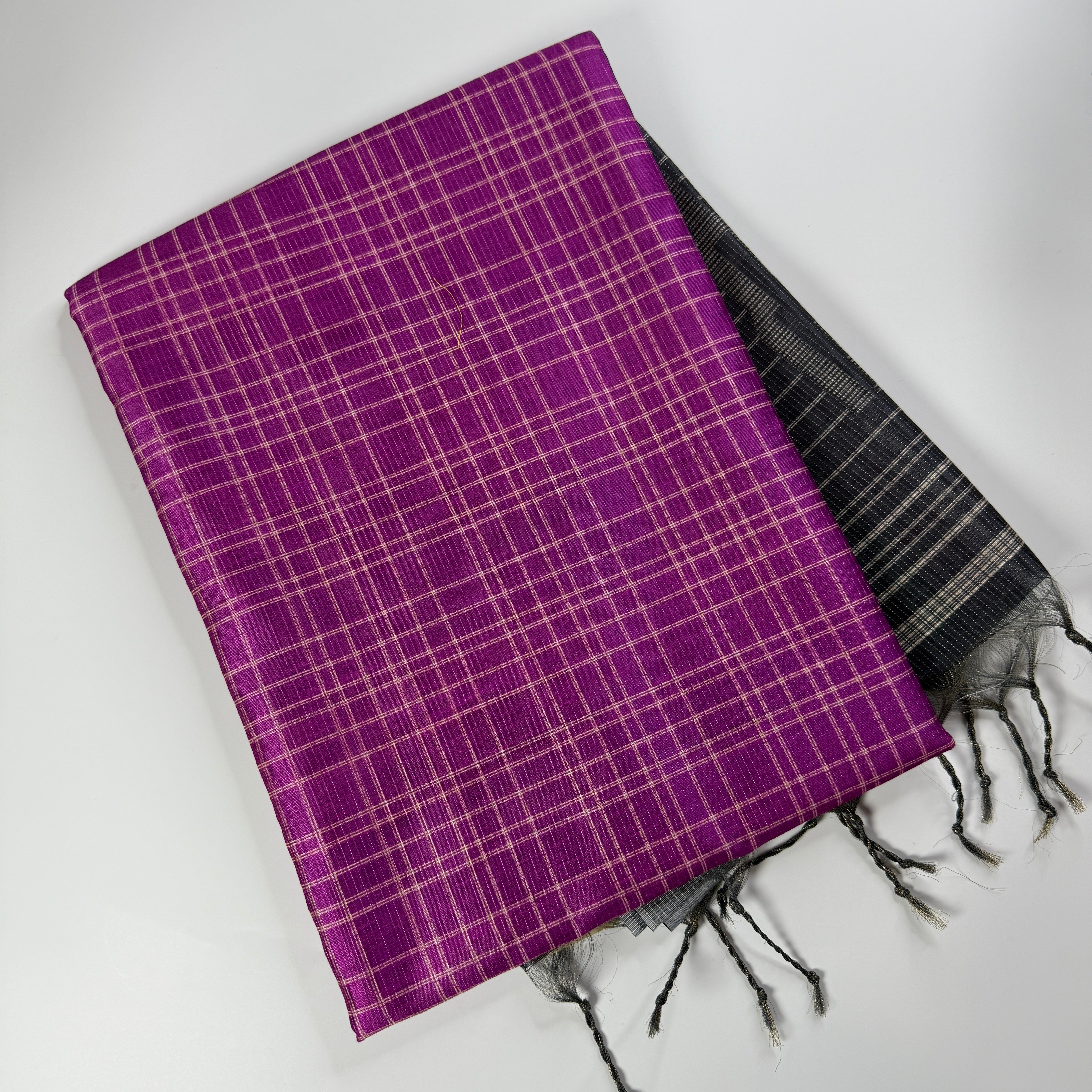 Vibrant Magenta & Charcoal – Handloom Saree with Checked Body -SKU: F2-001