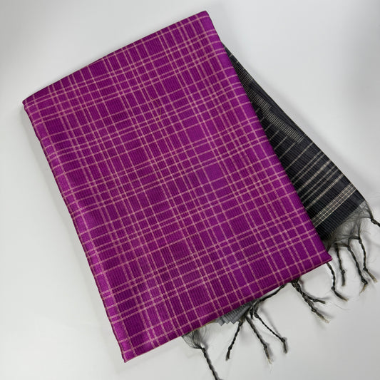 Vibrant Magenta & Charcoal – Handloom Saree with Checked Body -SKU: F2-001
