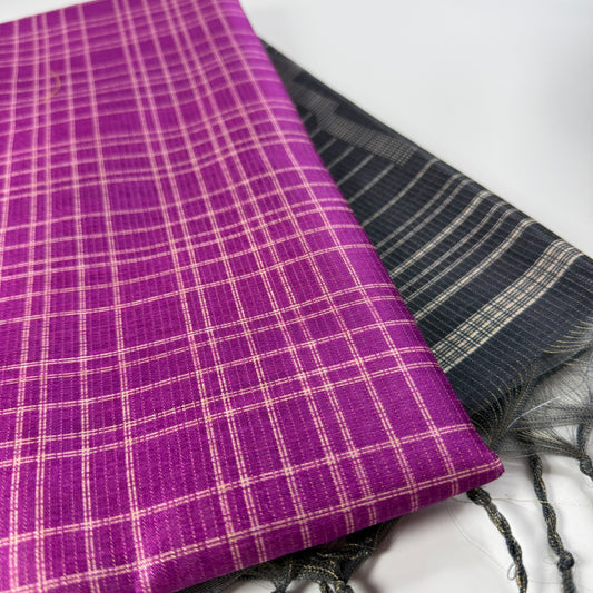 Vibrant Magenta & Charcoal – Handloom Saree with Checked Body -SKU: F2-001