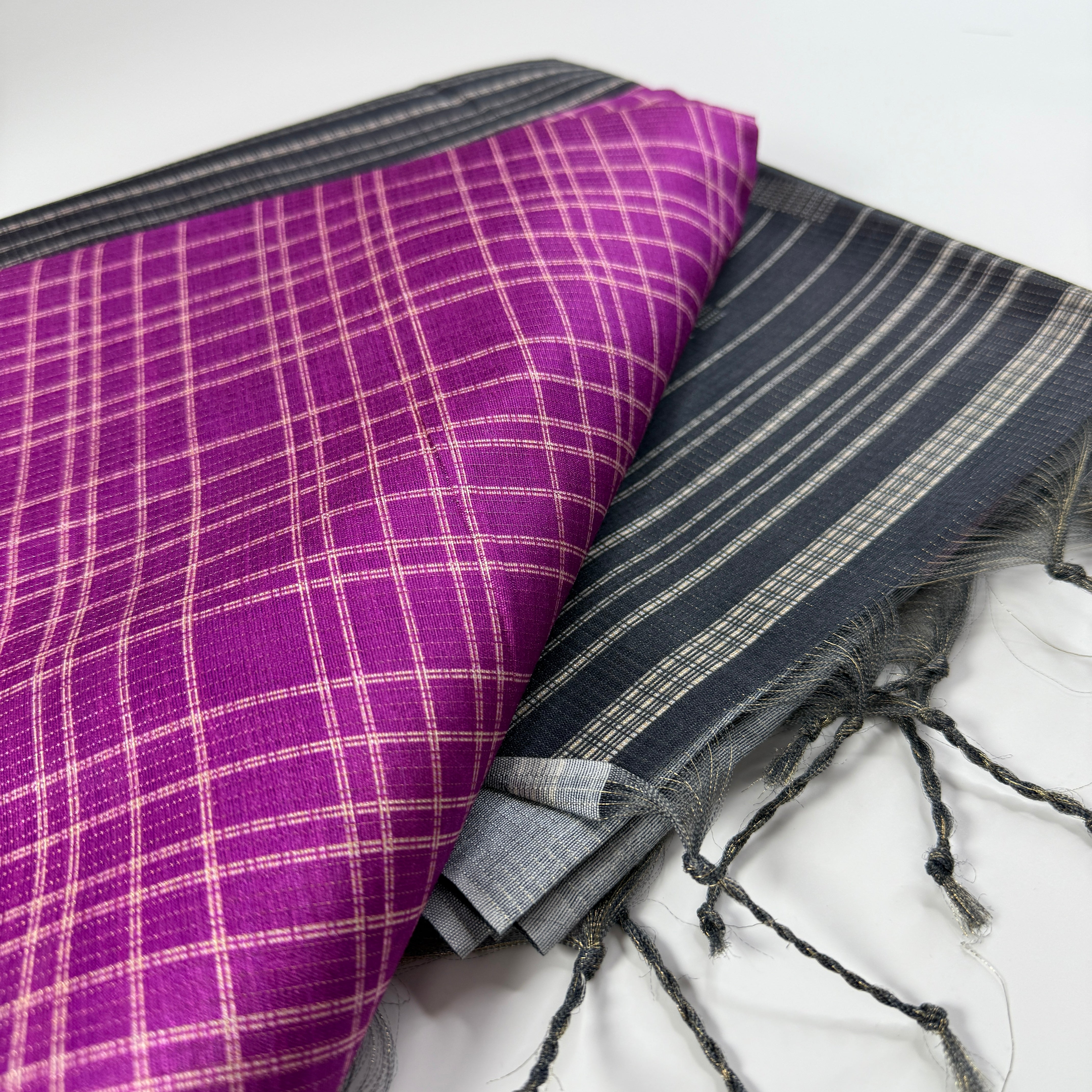 Vibrant Magenta & Charcoal – Handloom Saree with Checked Body -SKU: F2-001