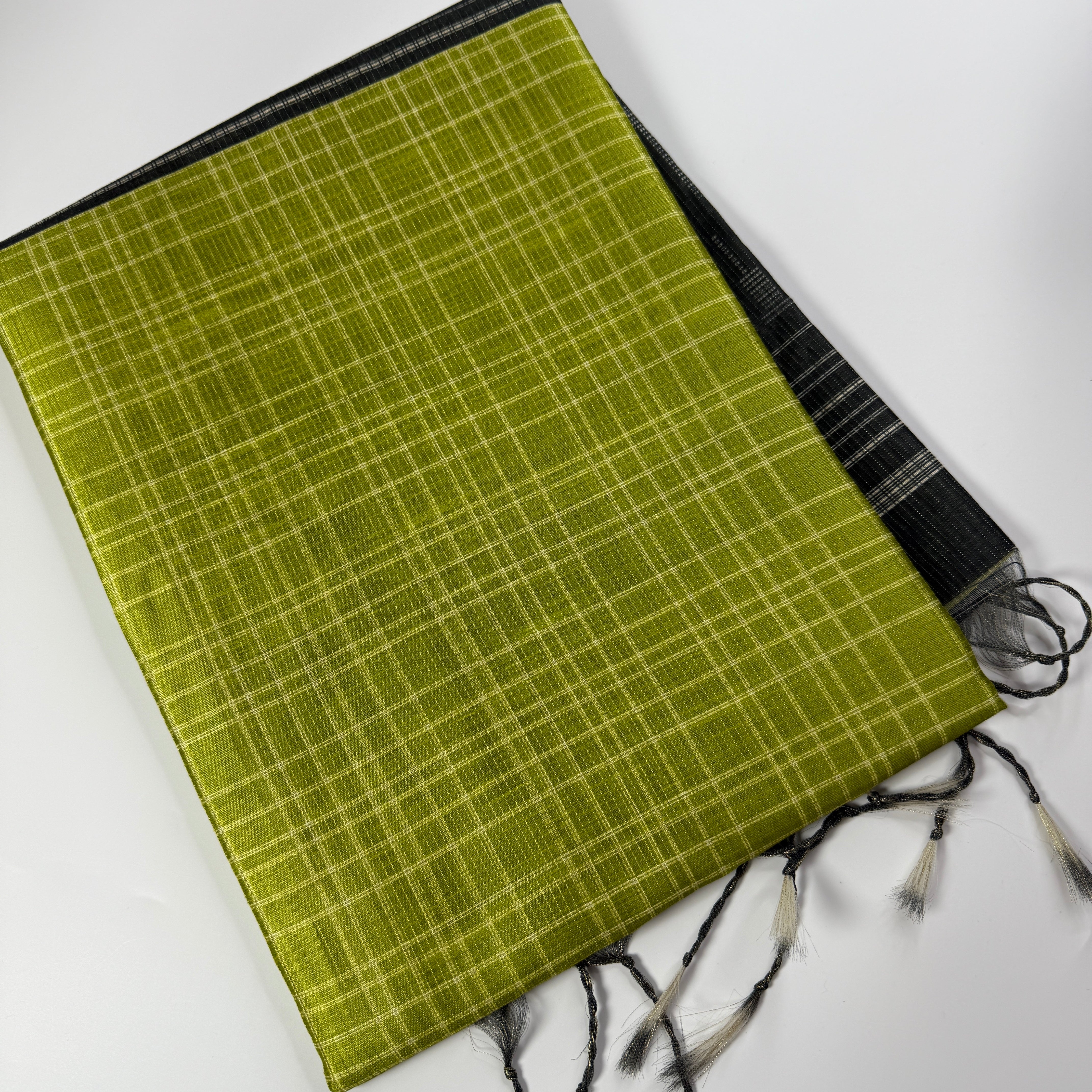 Lime Green & Charcoal – Handloom Saree with Checked Body -SKU: F2-002