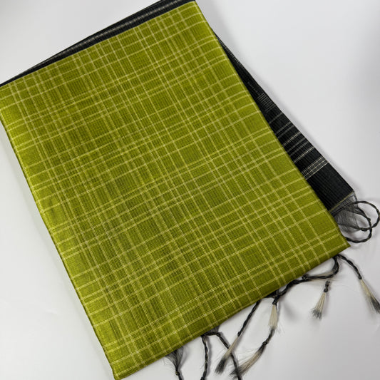 Lime Green & Charcoal – Handloom Saree with Checked Body -SKU: F2-002