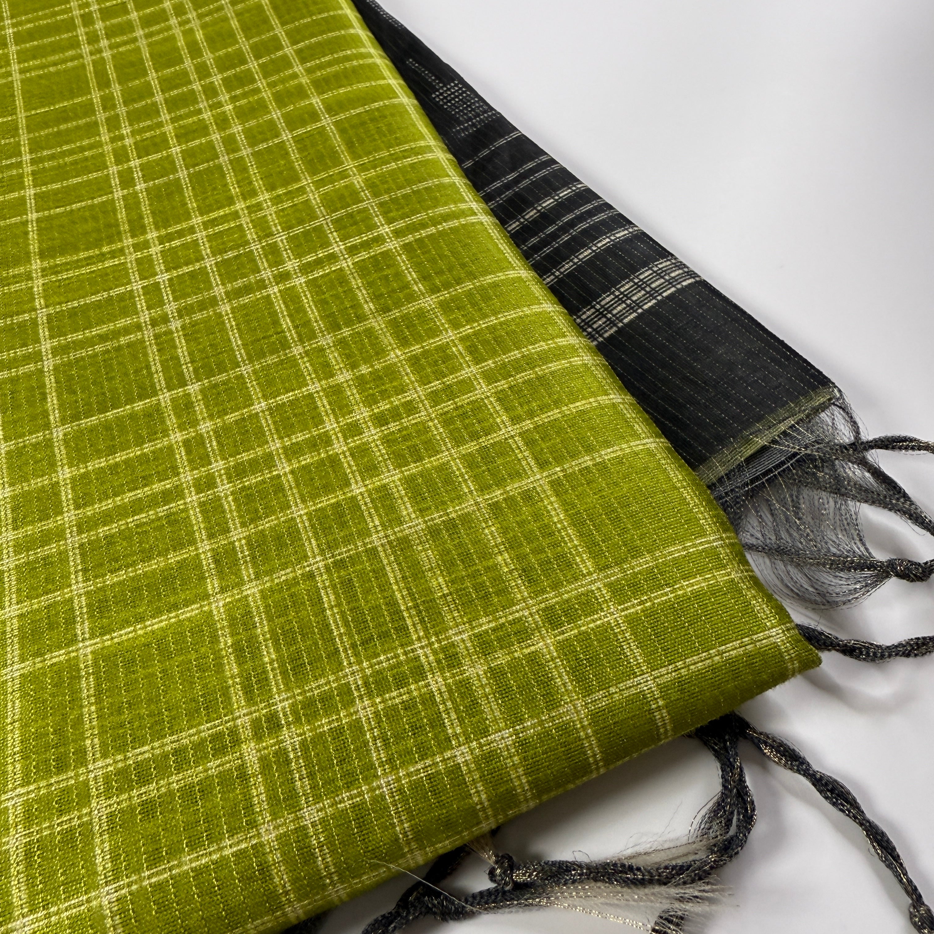 Lime Green & Charcoal – Handloom Saree with Checked Body -SKU: F2-002