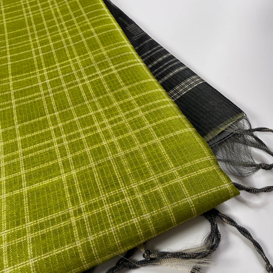 Lime Green & Charcoal – Handloom Saree with Checked Body -SKU: F2-002