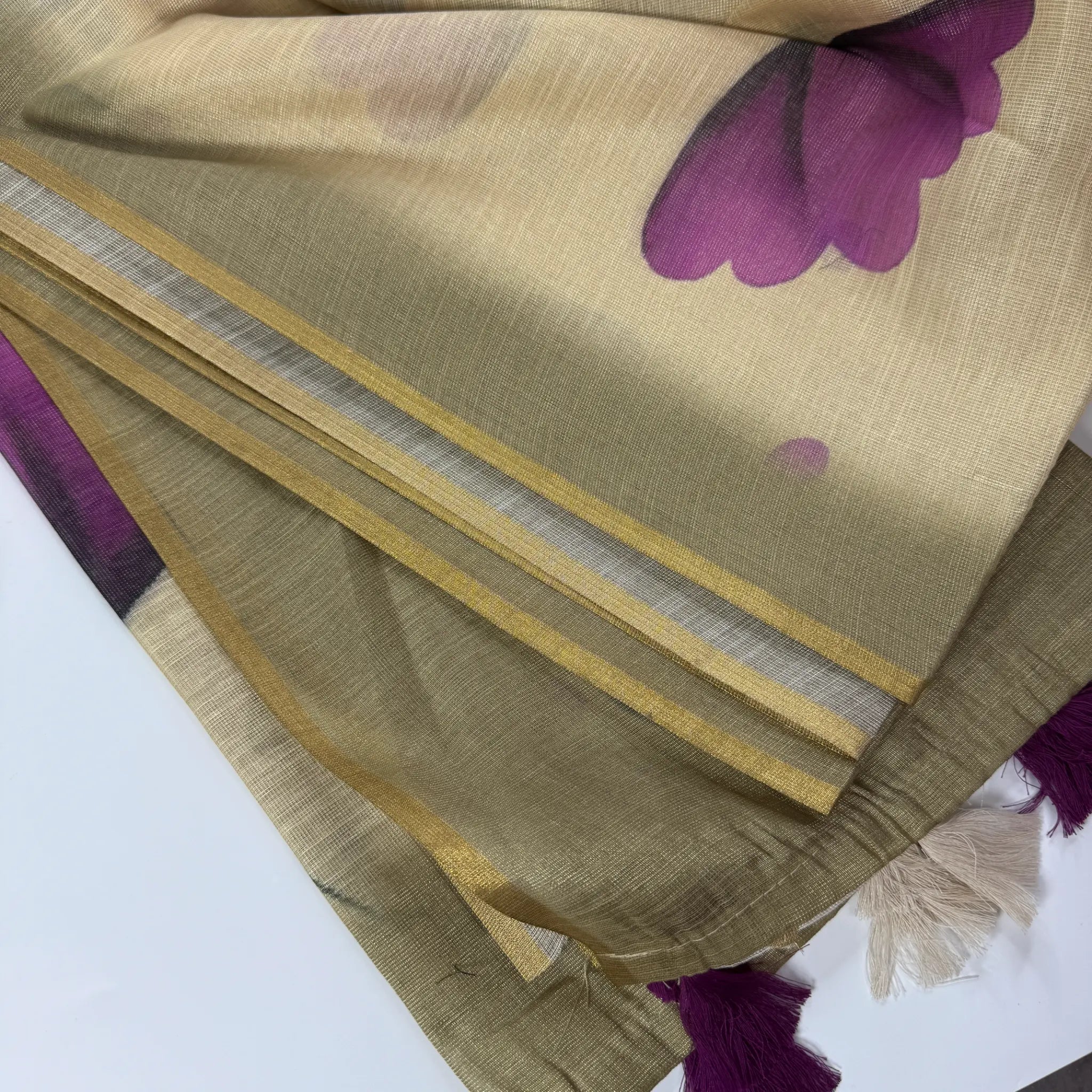 Elegant Beige Fancy Cotton Silk Saree with Purple Floral Print -E1-001