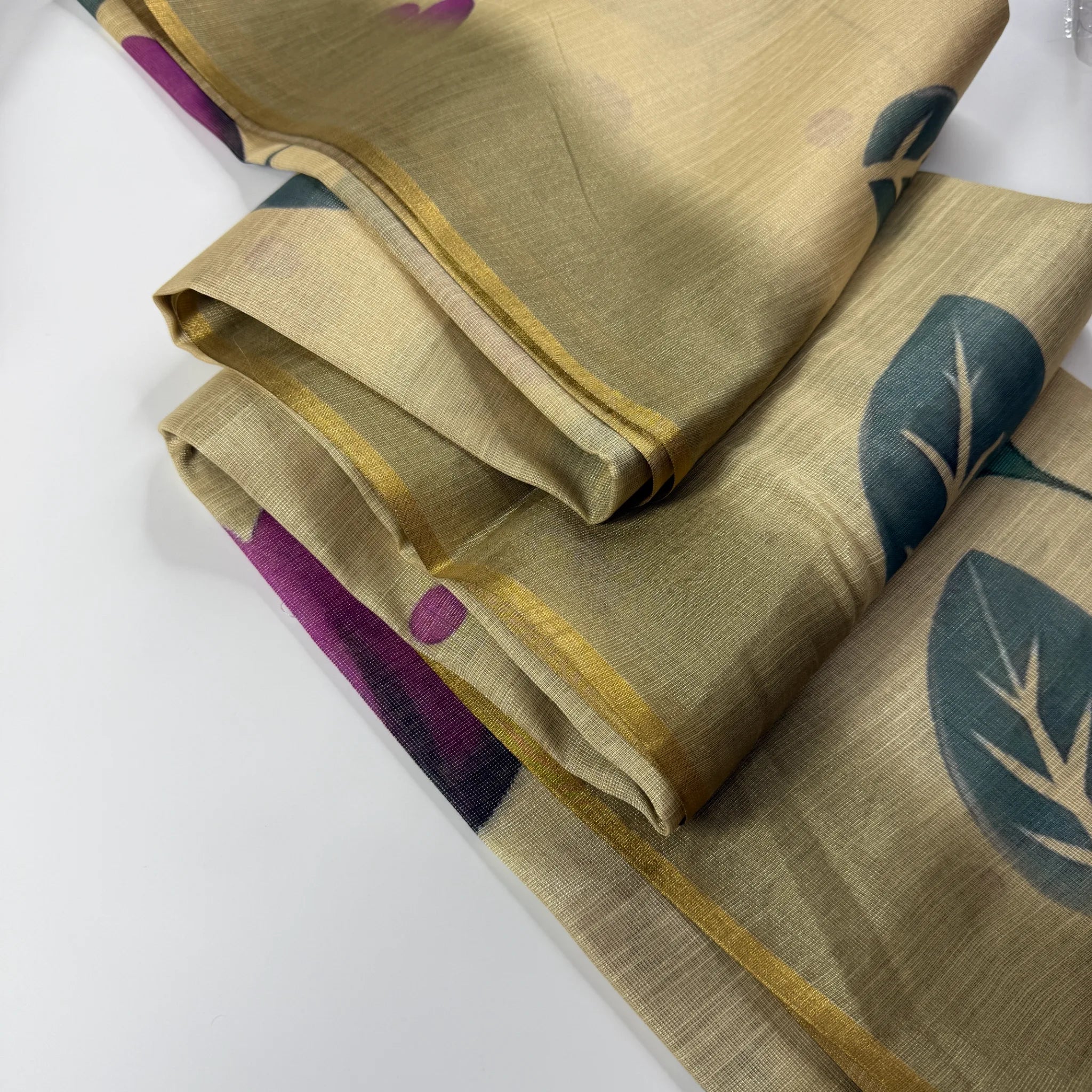 Elegant Beige Fancy Cotton Silk Saree with Purple Floral Print -E1-001