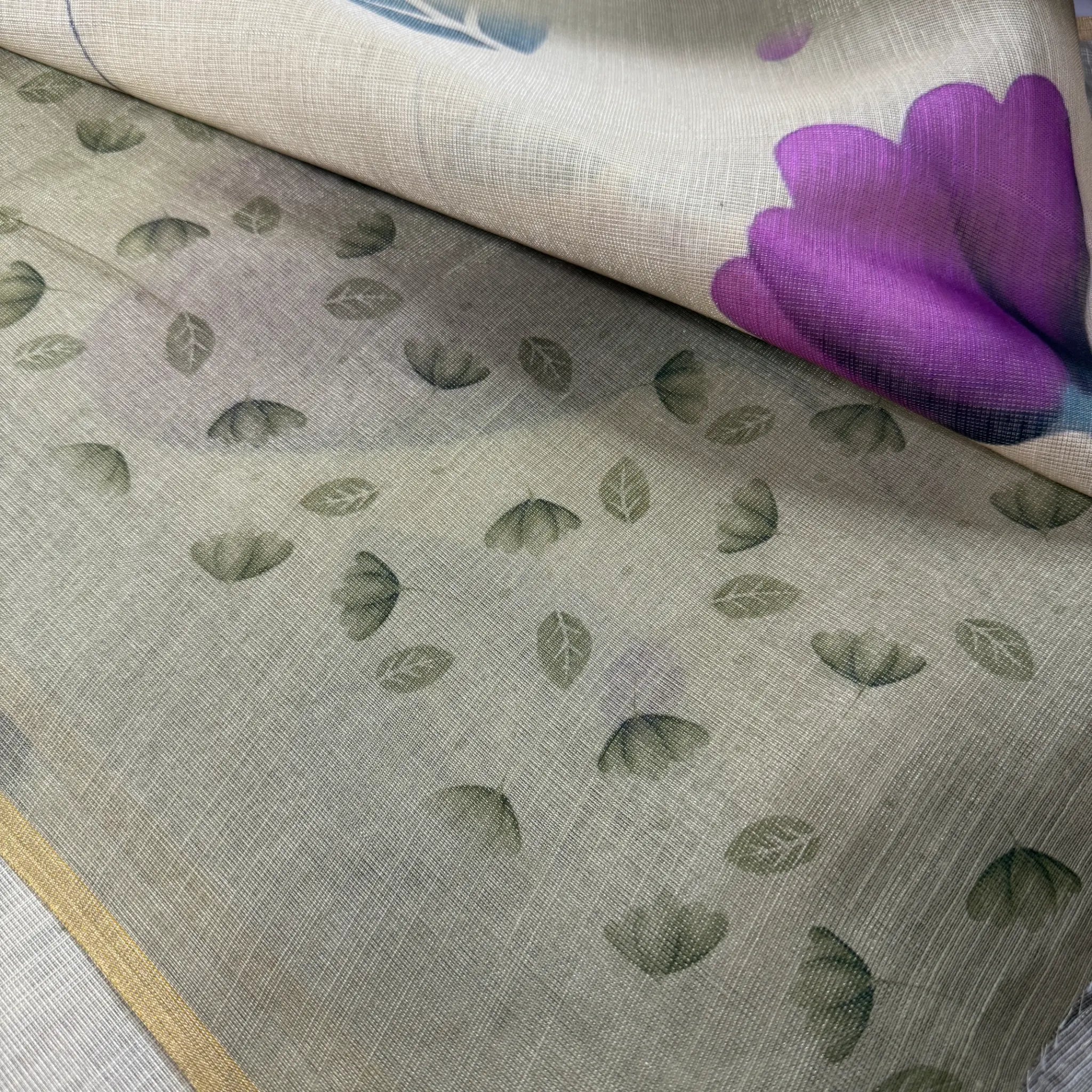 Elegant Beige Fancy Cotton Silk Saree with Purple Floral Print -E1-001