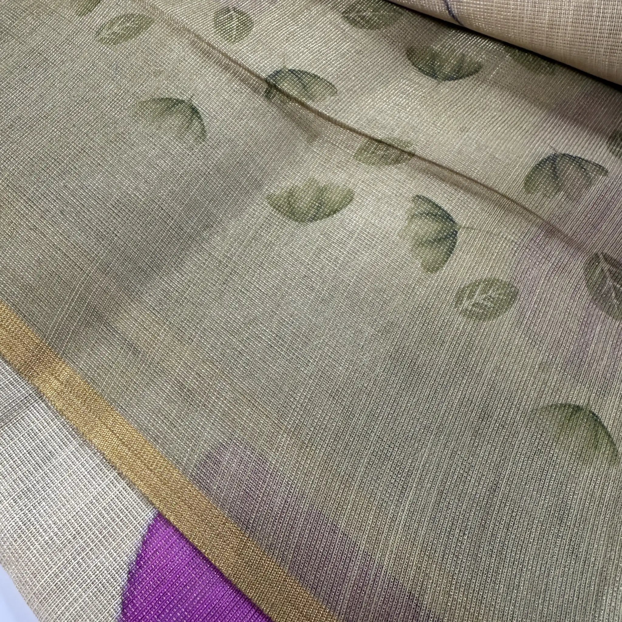 Elegant Beige Fancy Cotton Silk Saree with Purple Floral Print -E1-001