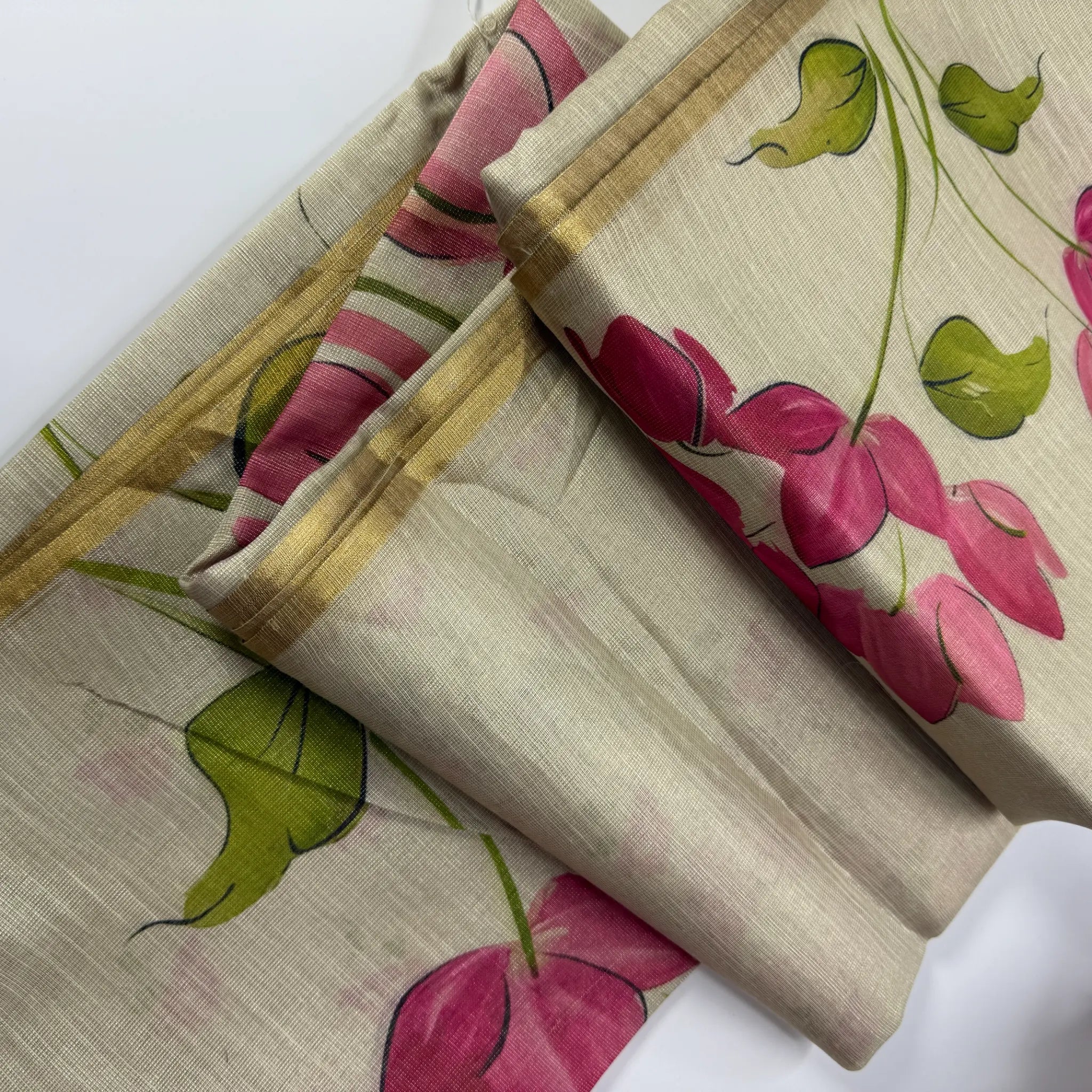 Elegant Beige Fancy Cotton Silk Saree with Pink Floral Print -E1-004