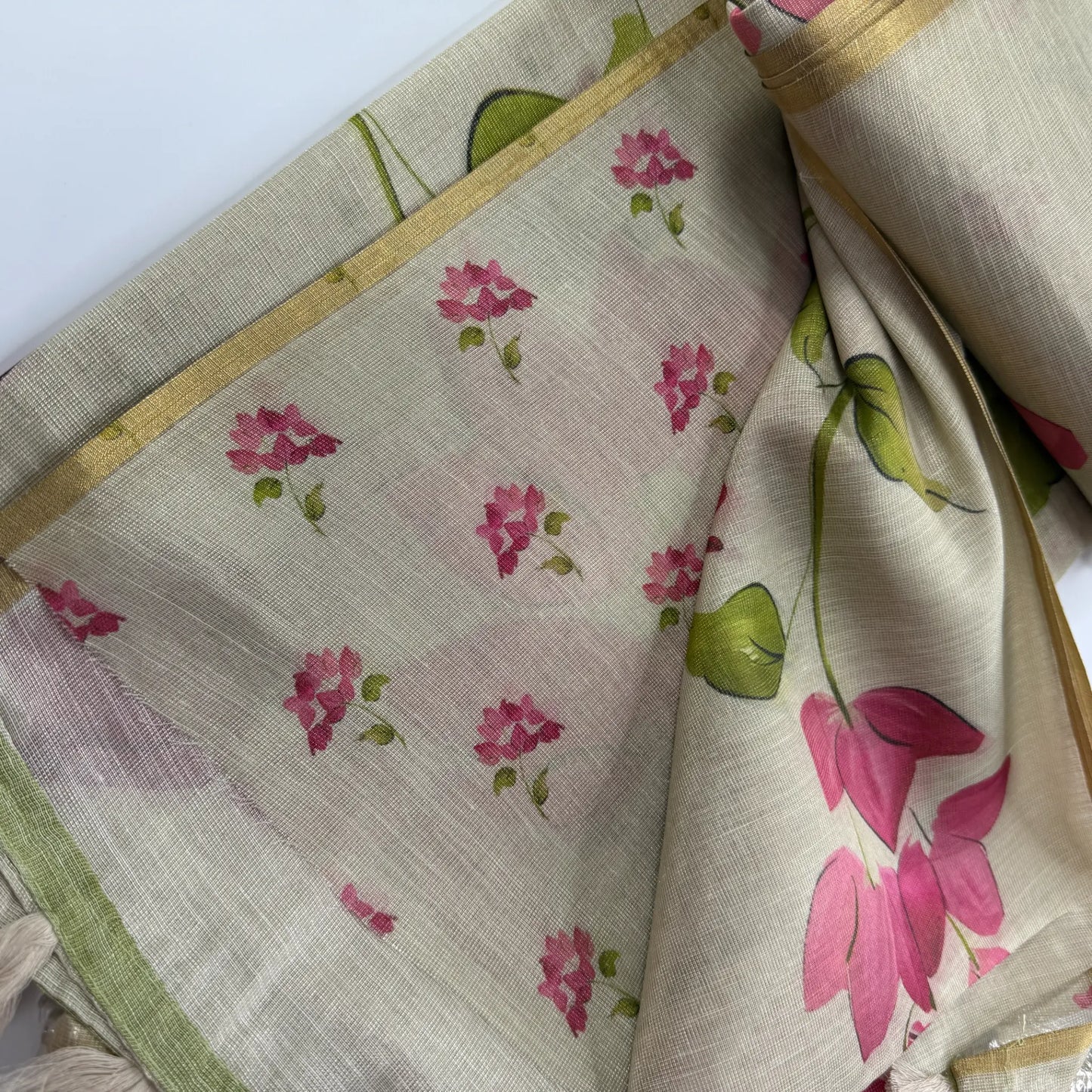 Elegant Beige Fancy Cotton Silk Saree with Pink Floral Print -E1-004
