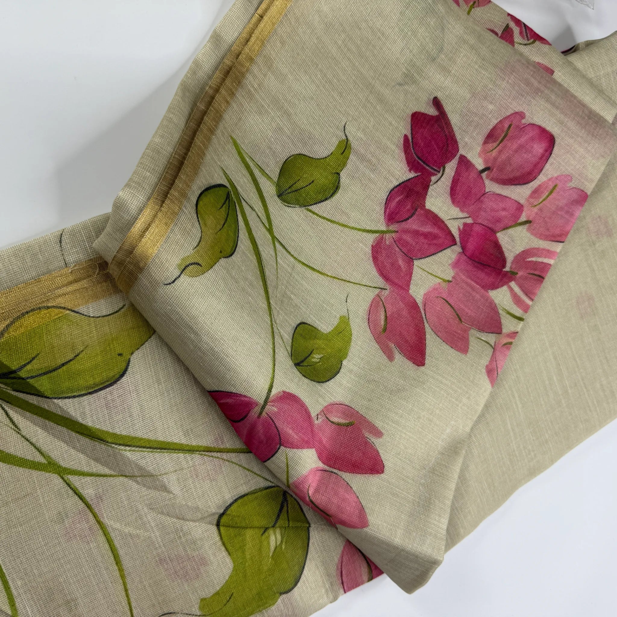Elegant Beige Fancy Cotton Silk Saree with Pink Floral Print -E1-004