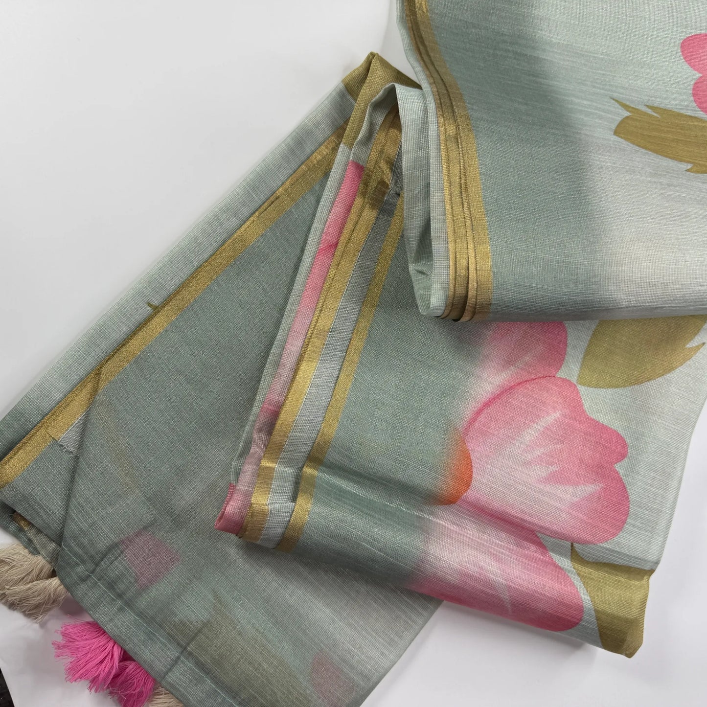 Elegant Sage Green Fancy Cotton Silk Saree with Pink Floral Print -E1-002