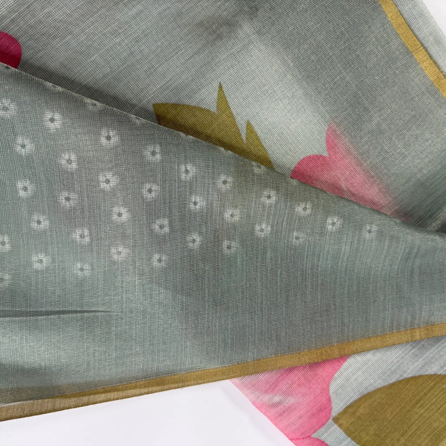 Elegant Sage Green Fancy Cotton Silk Saree with Pink Floral Print -E1-002