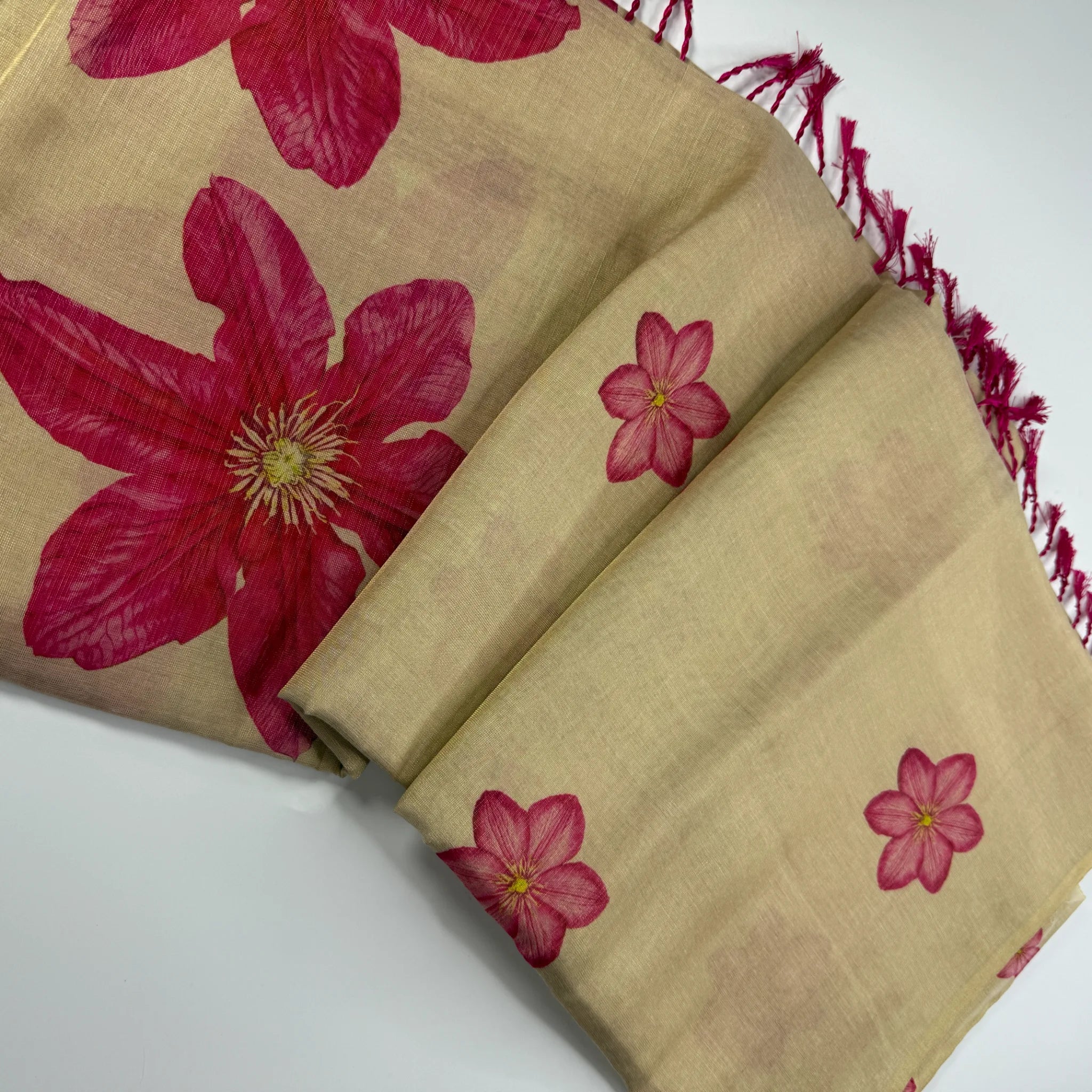 Elegant Beige Fancy Cotton Silk Saree with Vibrant Pink Floral Print -E1-003