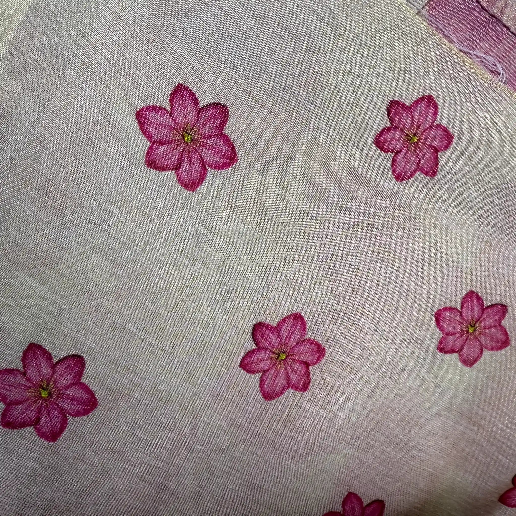 Elegant Beige Fancy Cotton Silk Saree with Vibrant Pink Floral Print -E1-003