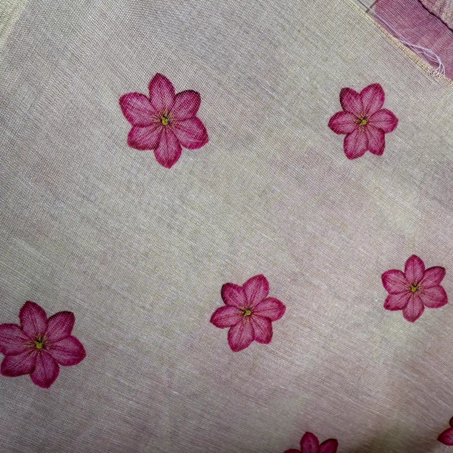 Elegant Beige Fancy Cotton Silk Saree with Vibrant Pink Floral Print -E1-003