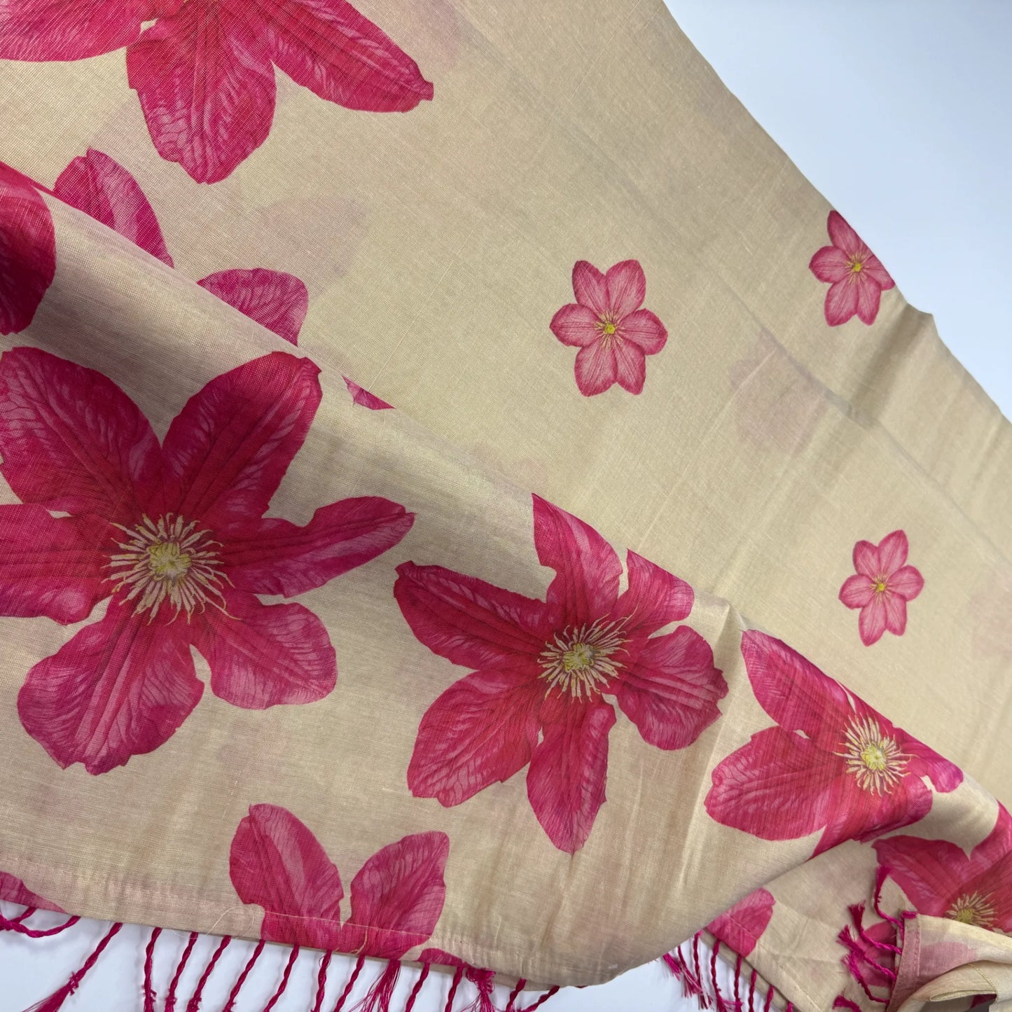 Elegant Beige Fancy Cotton Silk Saree with Vibrant Pink Floral Print -E1-003
