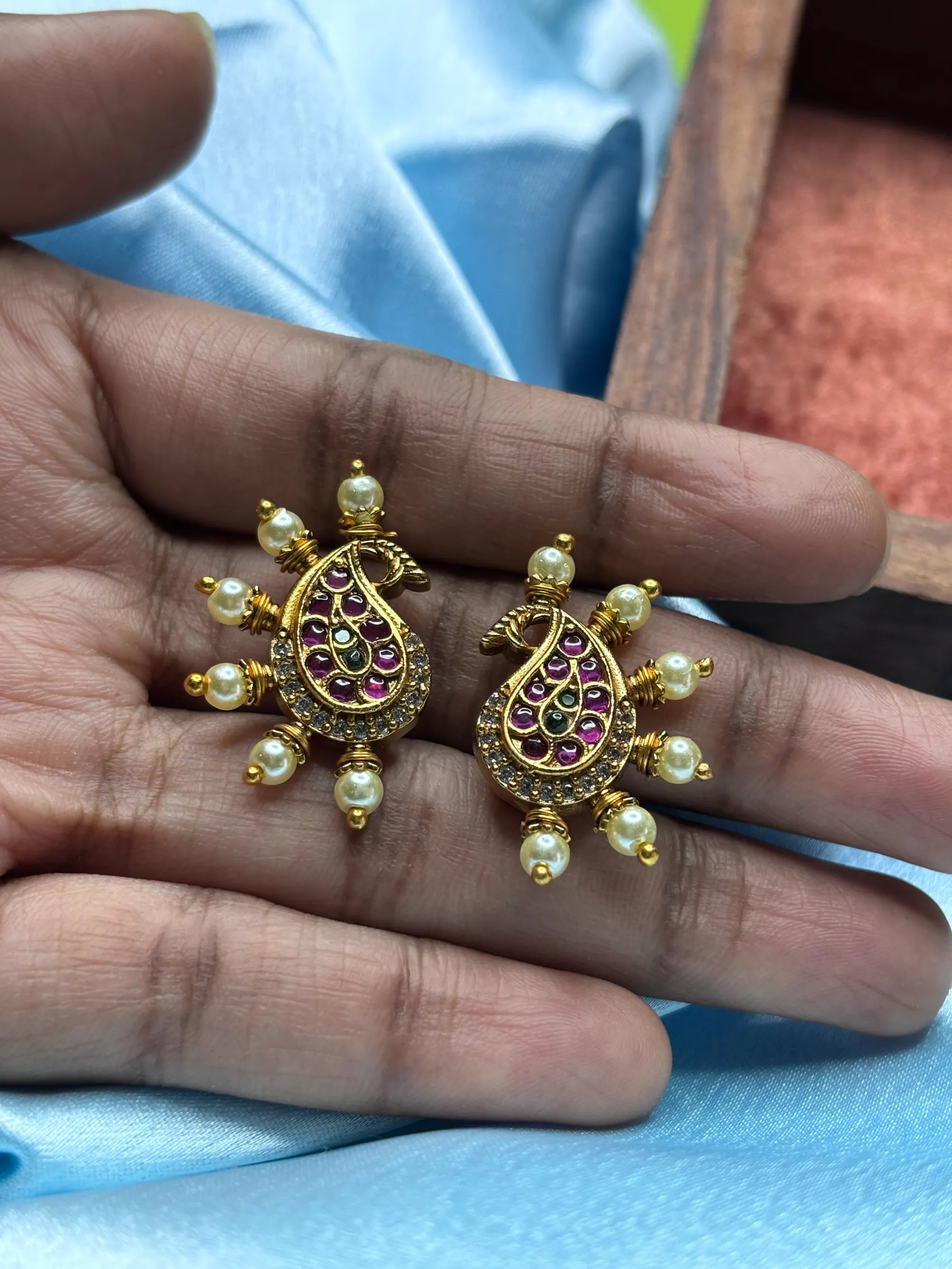 Traditional Paisley Pearl & Gemstone Stud Earrings.SKU: B5-T-002