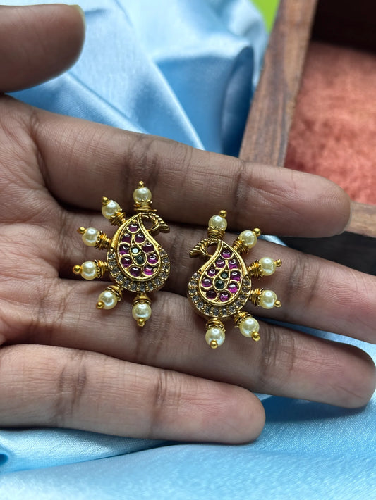 Traditional Paisley Pearl & Gemstone Stud Earrings.SKU: B5-T-002