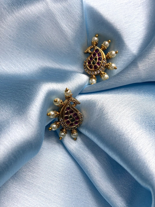 Traditional Paisley Pearl & Gemstone Stud Earrings.SKU: B5-T-002