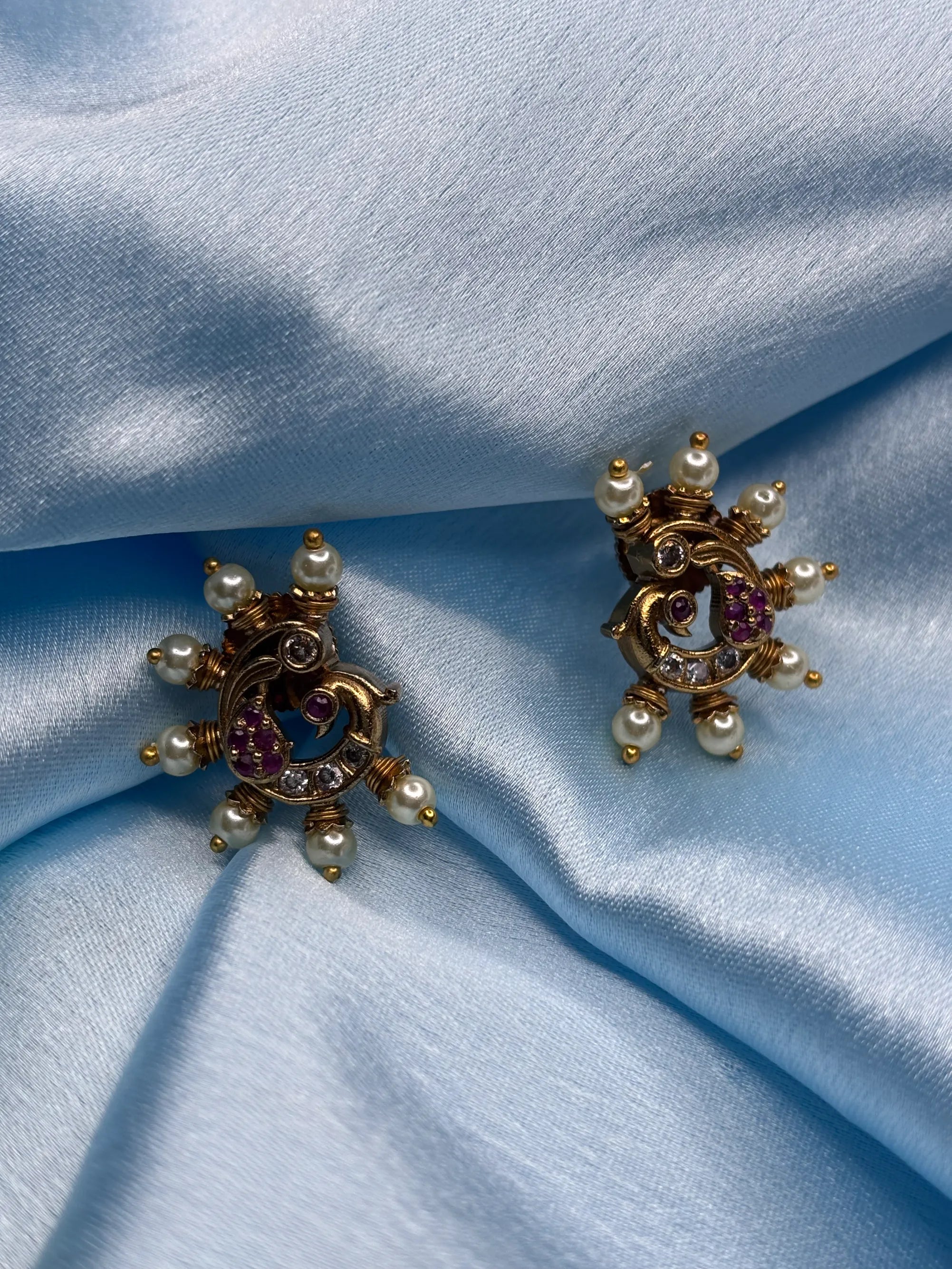 Peacock-Inspired Pearl & CZ Stud Earrings (SKU: B5-T-001)