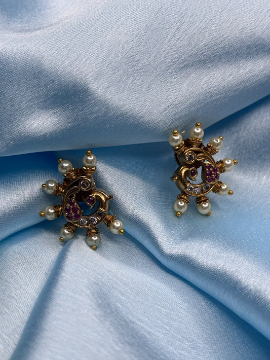 Peacock-Inspired Pearl & CZ Stud Earrings (SKU: B5-T-001)