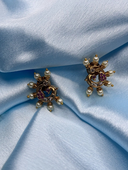 Peacock-Inspired Pearl & CZ Stud Earrings (SKU: B5-T-001)