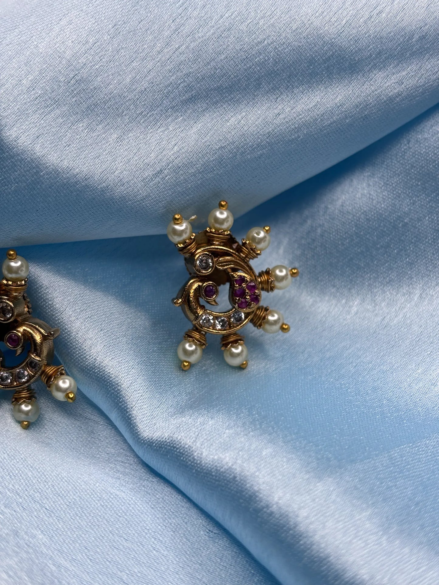 Peacock-Inspired Pearl & CZ Stud Earrings (SKU: B5-T-001)
