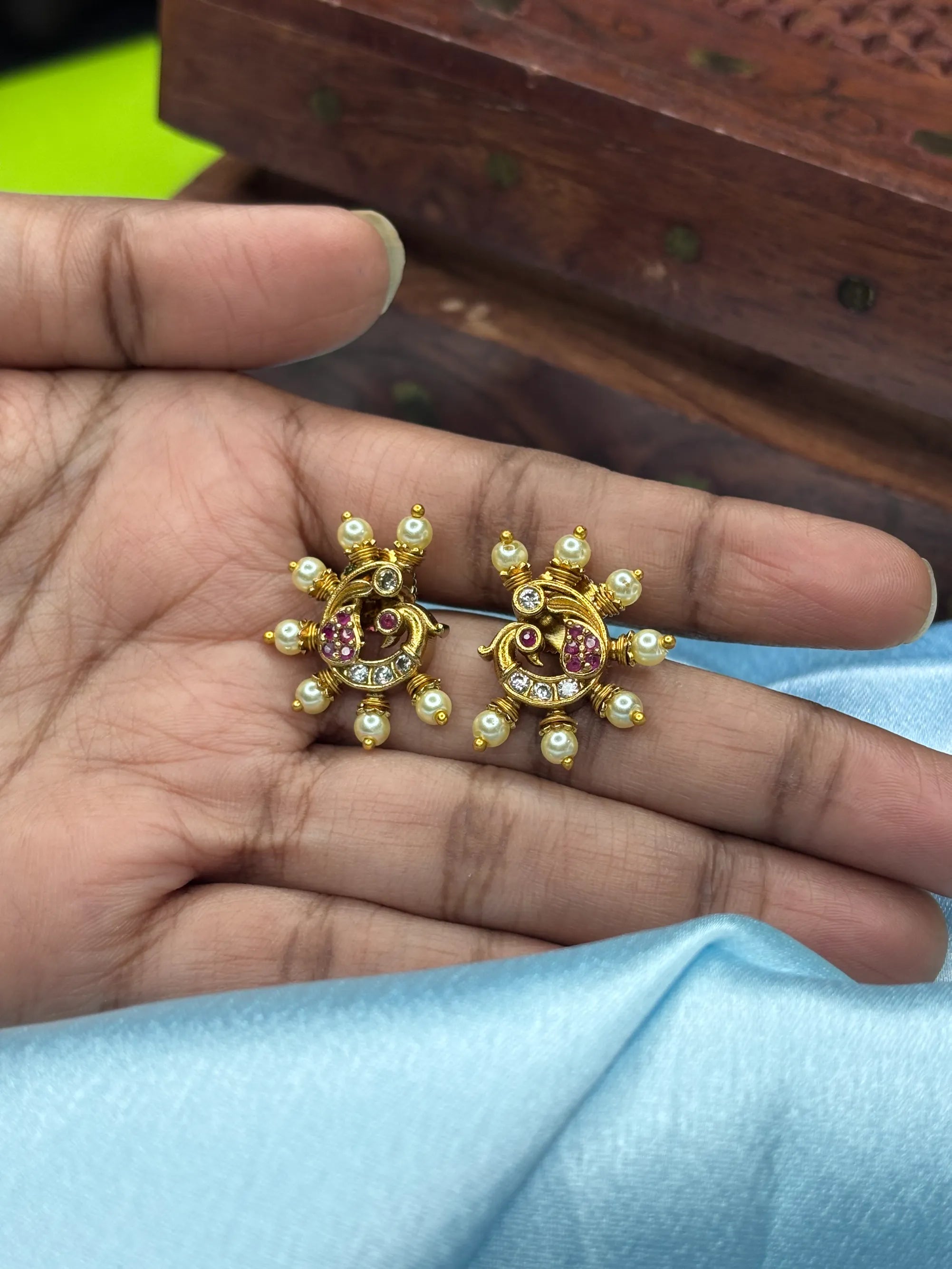 Peacock-Inspired Pearl & CZ Stud Earrings (SKU: B5-T-001)