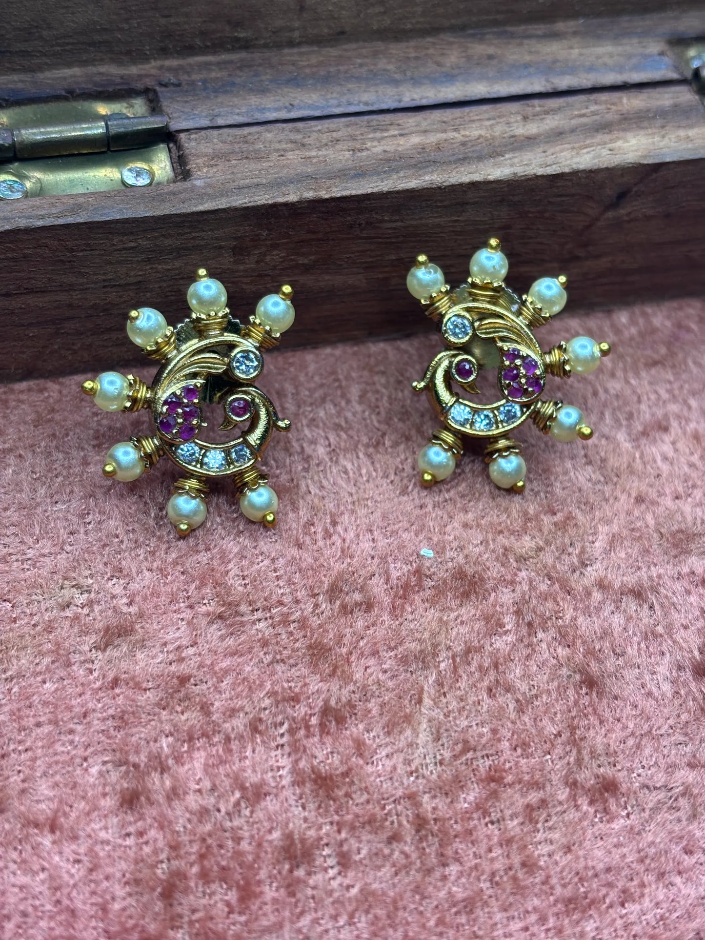 Peacock-Inspired Pearl & CZ Stud Earrings (SKU: B5-T-001)