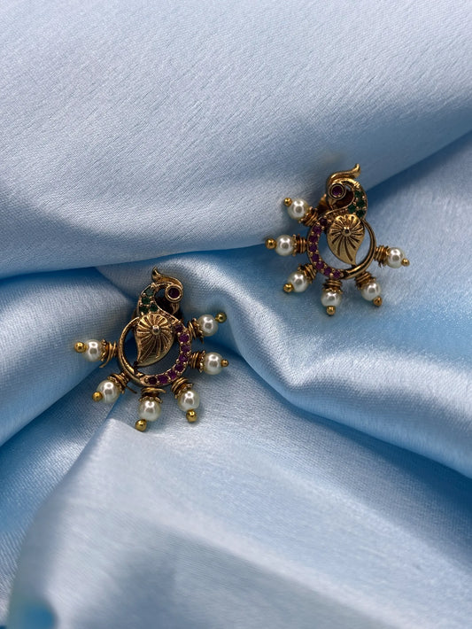 Classic Peacock & Pearl Stud Earrings (SKU: B5-T-003)