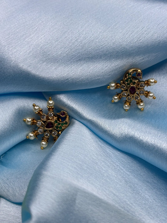 Elegant Peacock Studs with Pearls and CZ (SKU: B5-T-004)