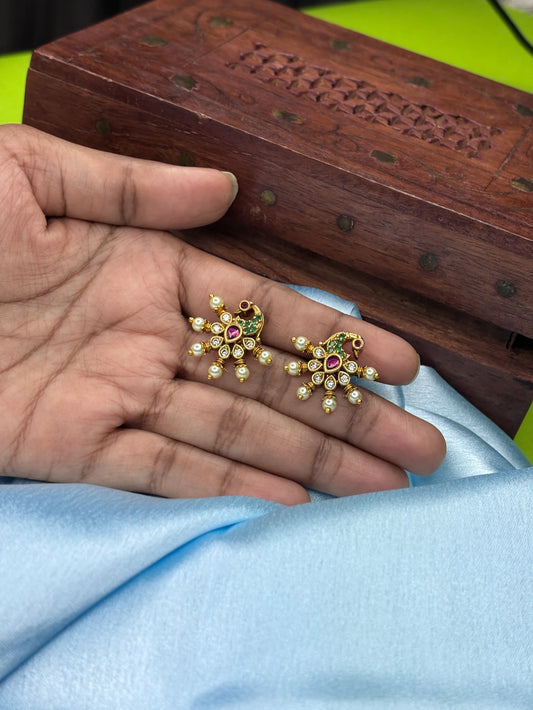 Elegant Peacock Studs with Pearls and CZ (SKU: B5-T-004)