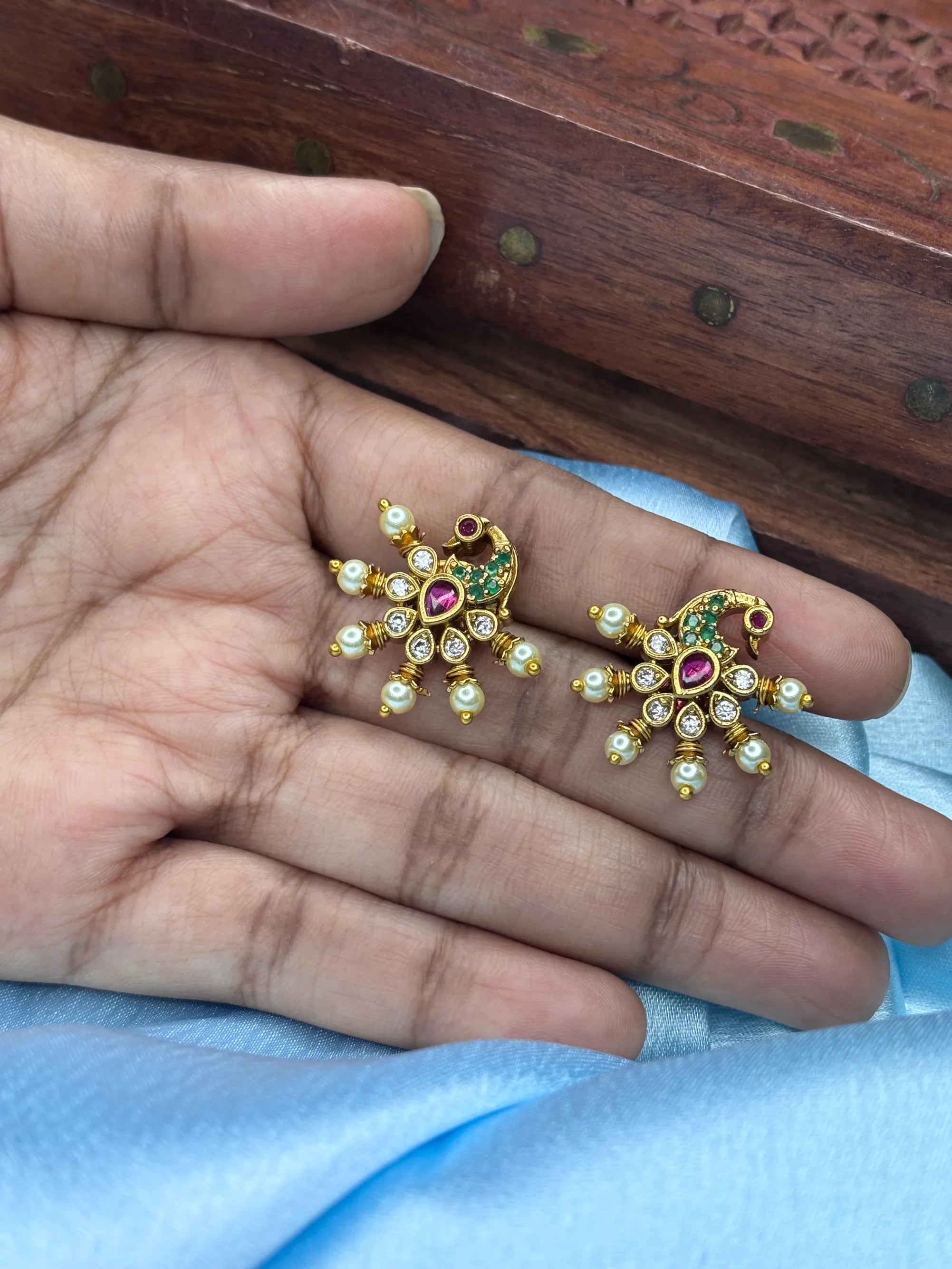 Elegant Peacock Studs with Pearls and CZ (SKU: B5-T-004)