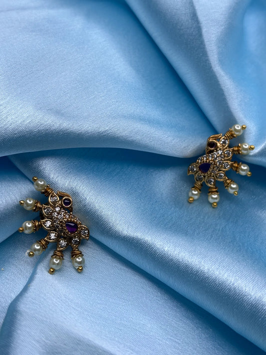 Peacock & Pearl Cluster Stud Earrings (SKU: B5-T-005)