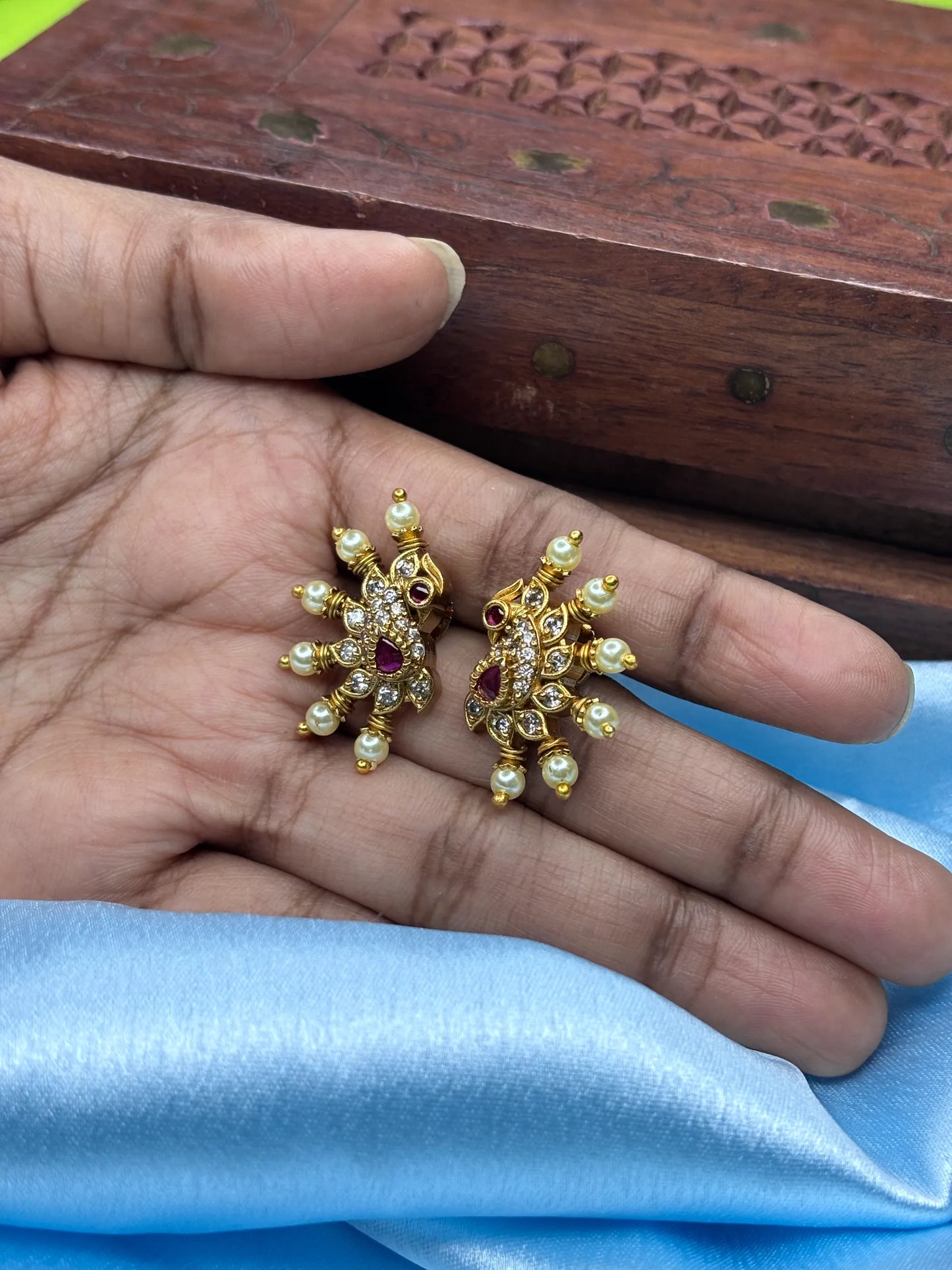 Peacock & Pearl Cluster Stud Earrings (SKU: B5-T-005)